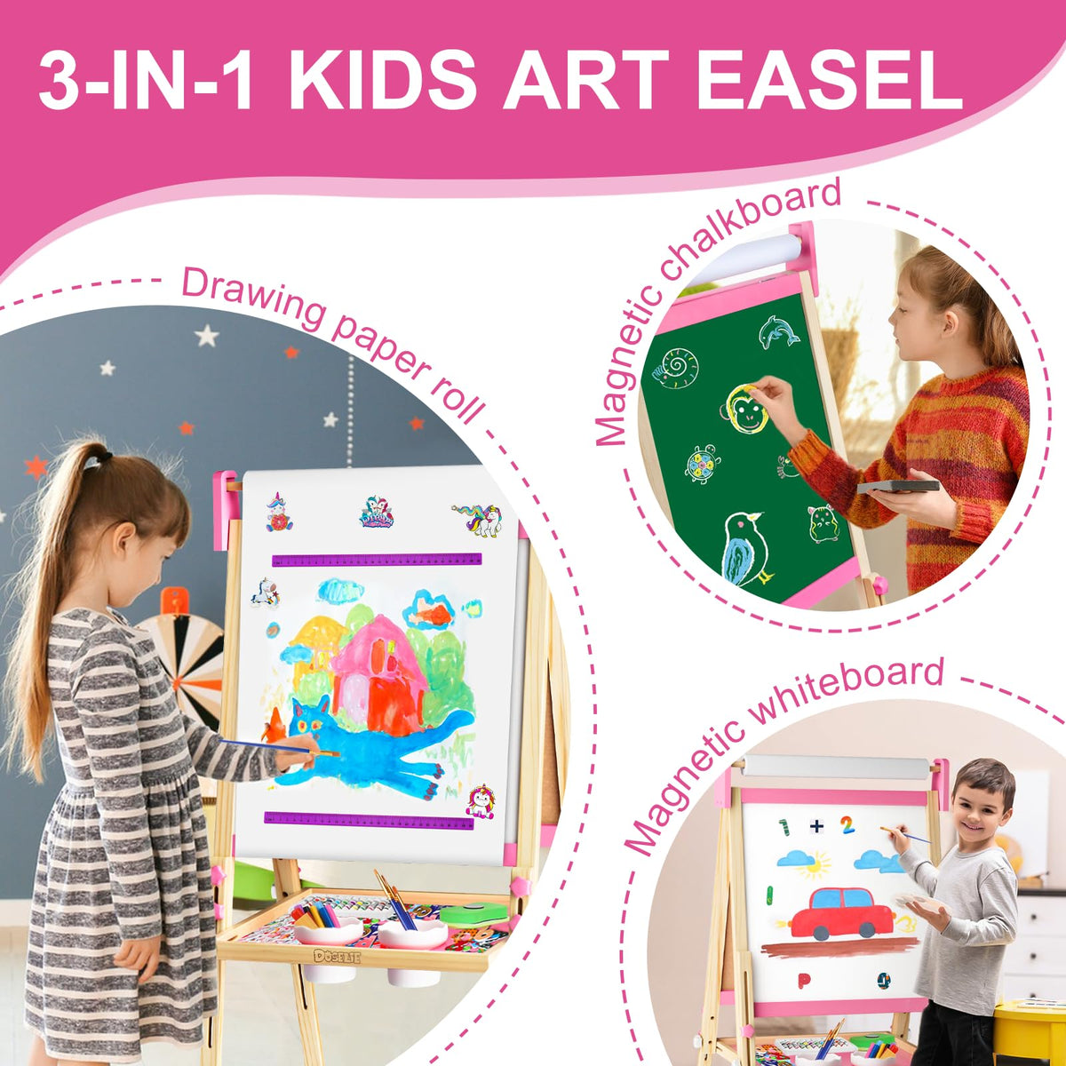 Doselie Adjustable Wooden Kids Easel — Magnetic Whiteboard & Chalkboard with All-in-One Art Set