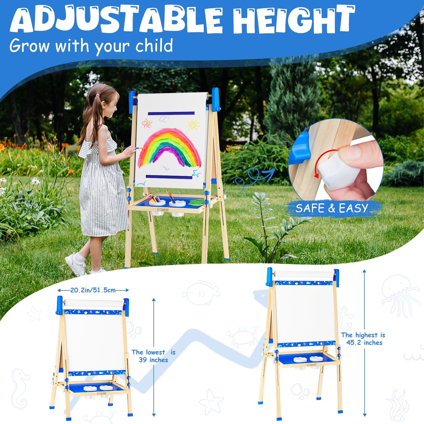 Doselie Kids Easel – Adjustable Wooden Art Easel with Magnetic Whiteboard & Chalkboard