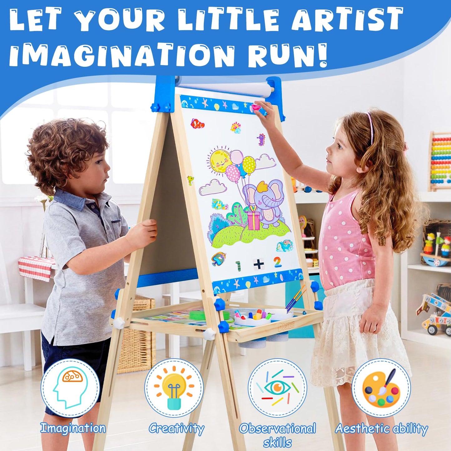 Doselie Kids Easel – Adjustable Wooden Art Easel with Magnetic Whiteboard & Chalkboard