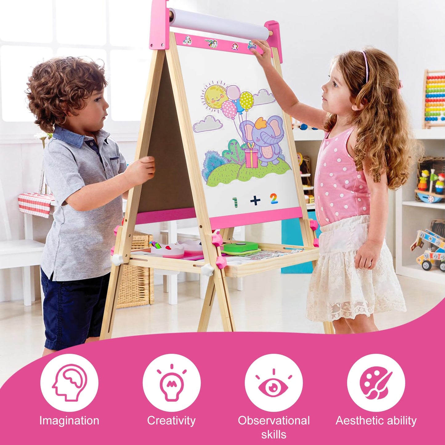 Doselie Adjustable Wooden Kids Easel — Magnetic Whiteboard & Chalkboard with All-in-One Art Set