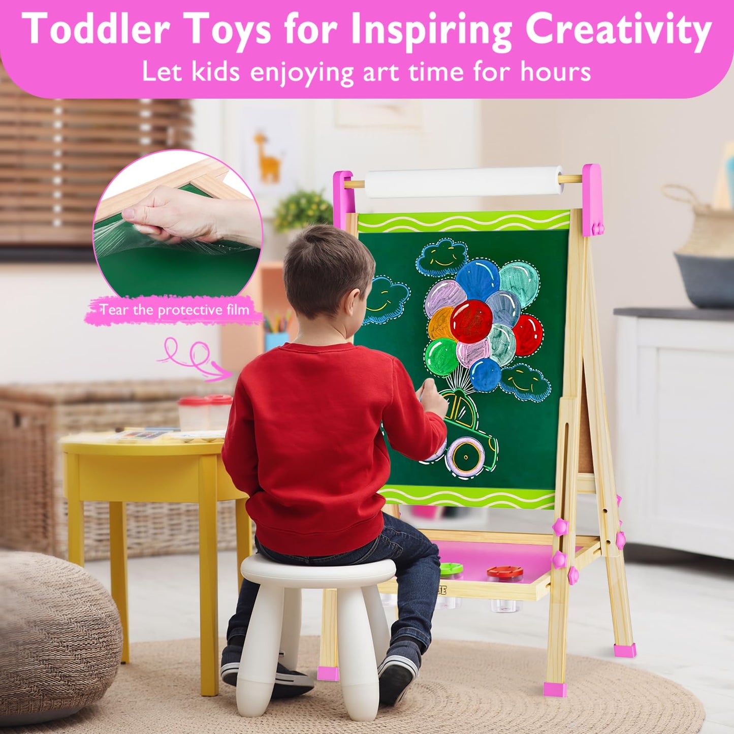 Doselie Kids Easel – Adjustable Double-Sided Magnetic Art Easel with Paper Roll