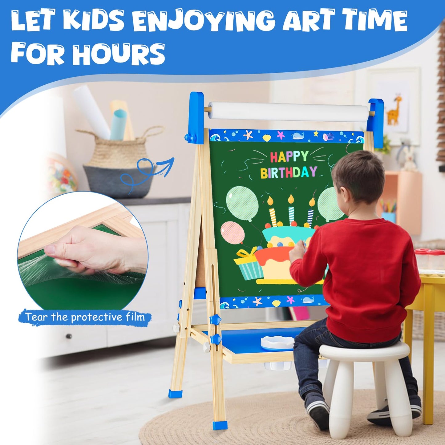 Doselie Kids Easel – Adjustable Wooden Art Easel with Magnetic Whiteboard & Chalkboard