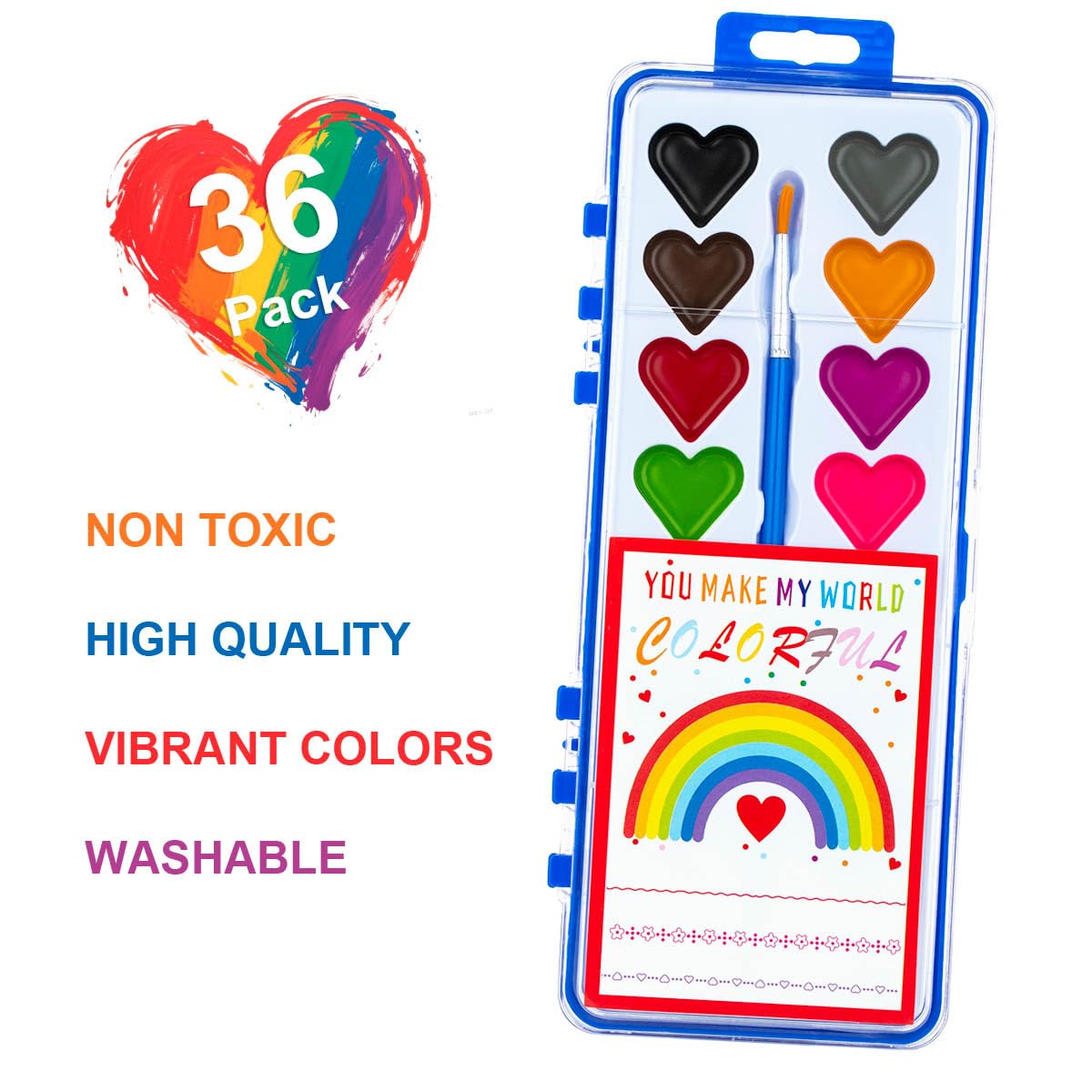 DOSEWART 36-Pack Heart Watercolor Set with Brush – Kids Art Supplies, Valentines & Classroom Pack