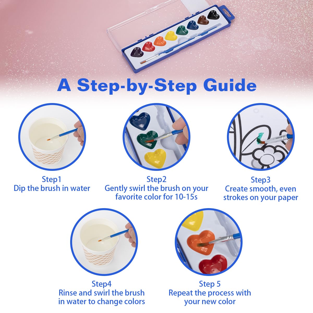DOSEWART 36-Pack Heart Watercolor Set with Brush – Kids Art Supplies, Valentines & Classroom Pack