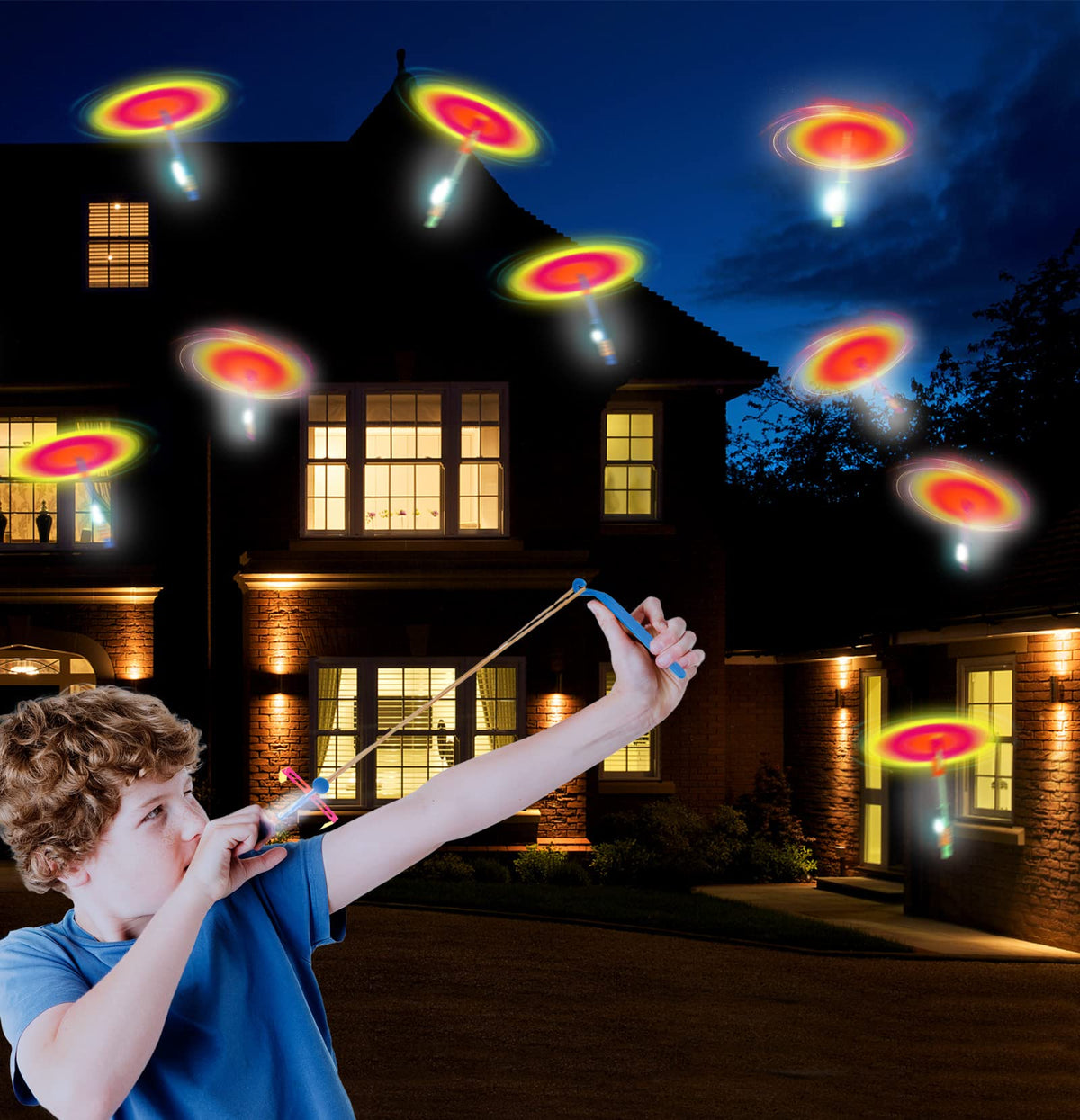 Dossini 60-Piece LED Arrow Helicopter Slingshot Toys – Night Flying Lights