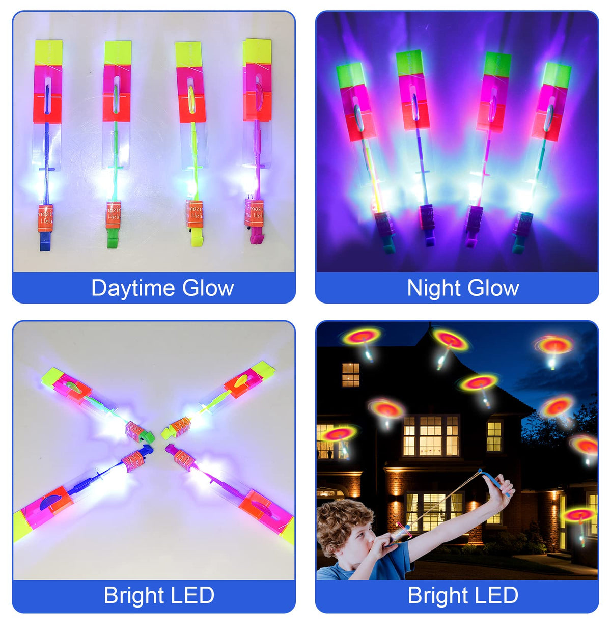 Dossini 60-Piece LED Arrow Helicopter Slingshot Toys – Night Flying Lights
