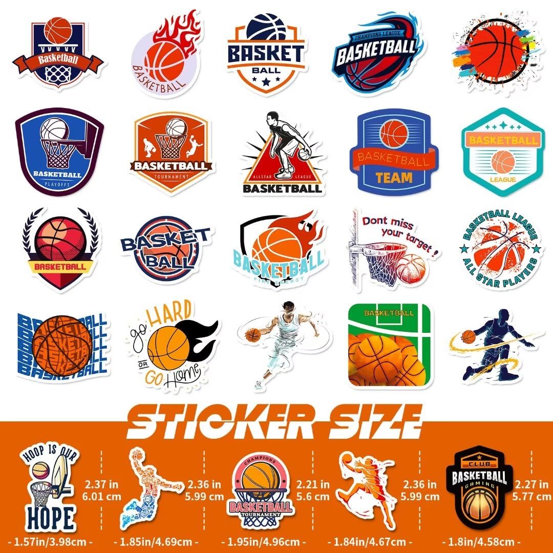 DothRayan Basketball Stickers - 100 Vinyl Waterproof Stickers for Water Bottles, Laptops & Skateboards