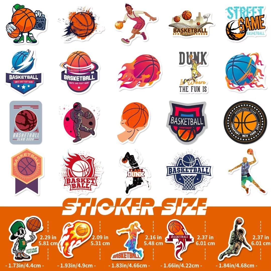 DothRayan Basketball Stickers - 100 Vinyl Waterproof Stickers for Water Bottles, Laptops & Skateboards
