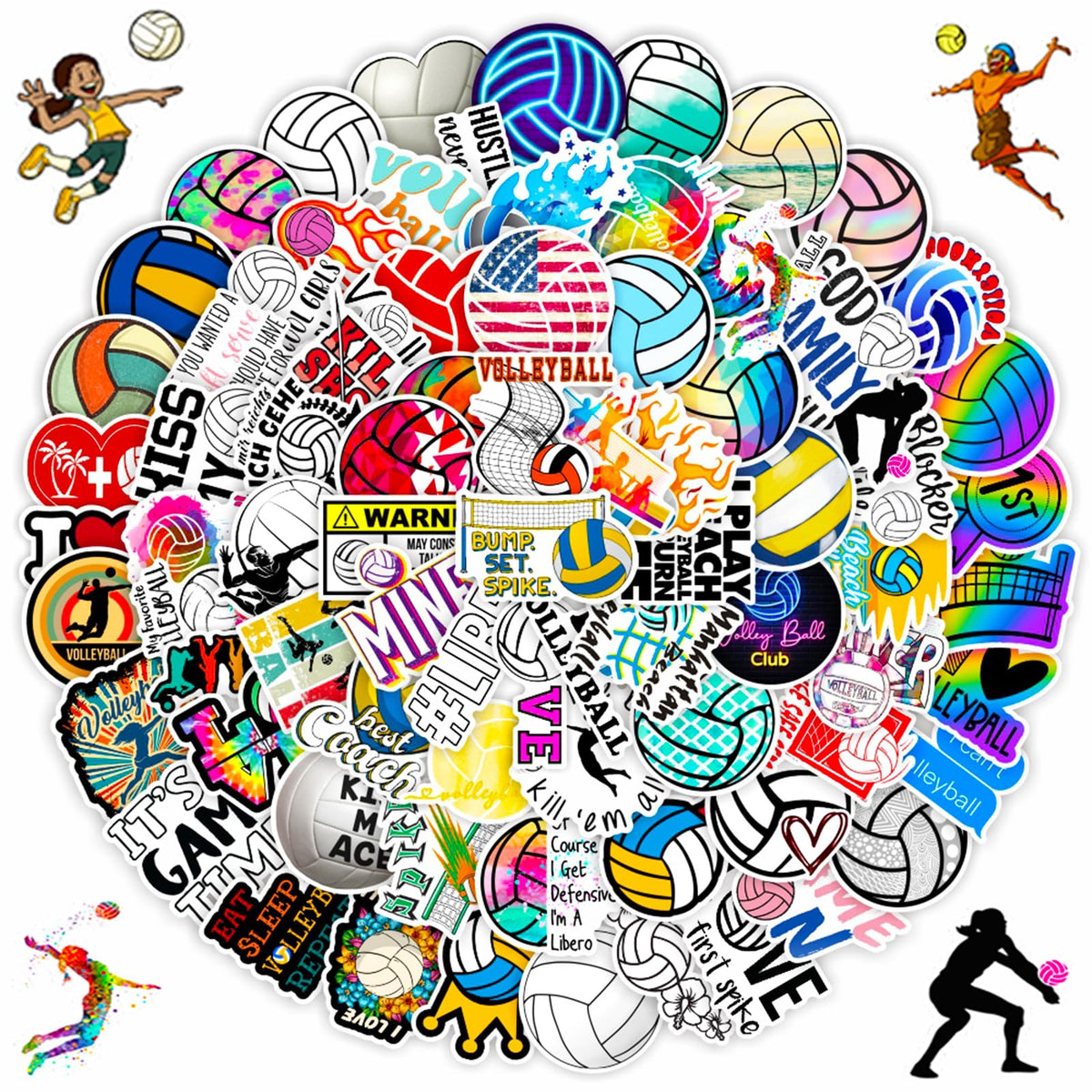 DothRayan Volleyball Stickers Pack – 100-Count Vinyl Waterproof Stickers for Water Bottles, Laptops & Gear