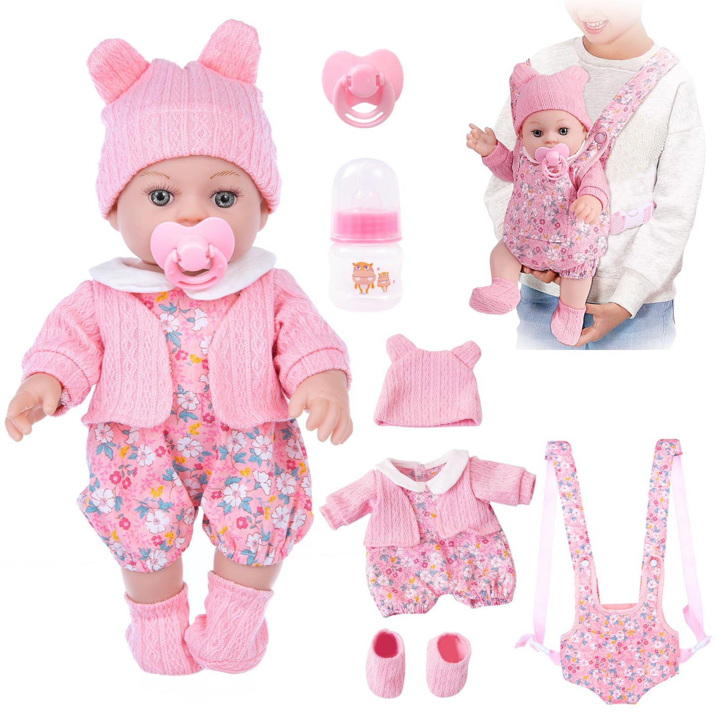 DOTVOSY 12-Inch Baby Doll Set with Carrier – Realistic Doll Accessories for Kids 3+