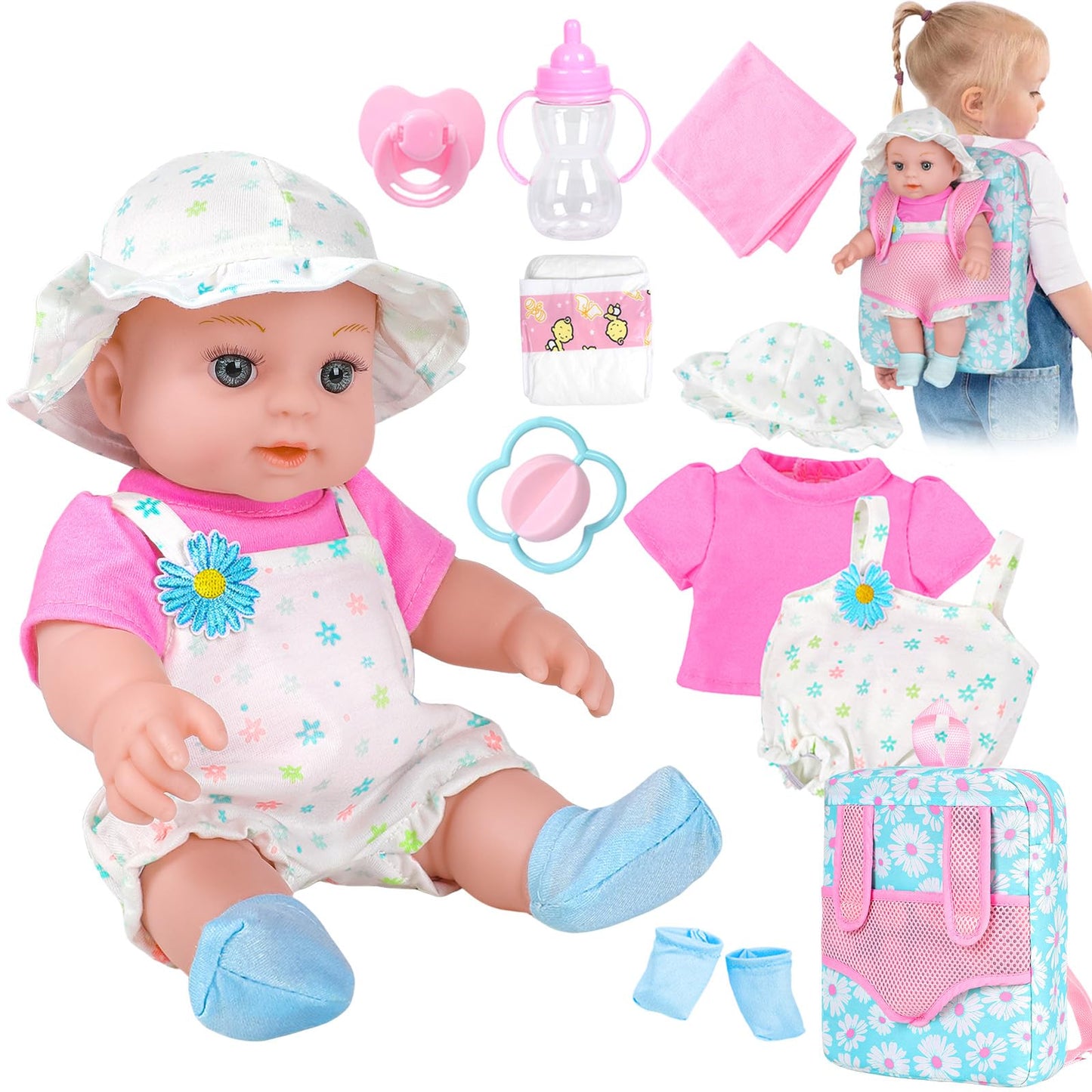DOTVOSY 12-Inch Daisy Theme Baby Doll Backpack Carrier Playset | Toys for Toddlers 3+