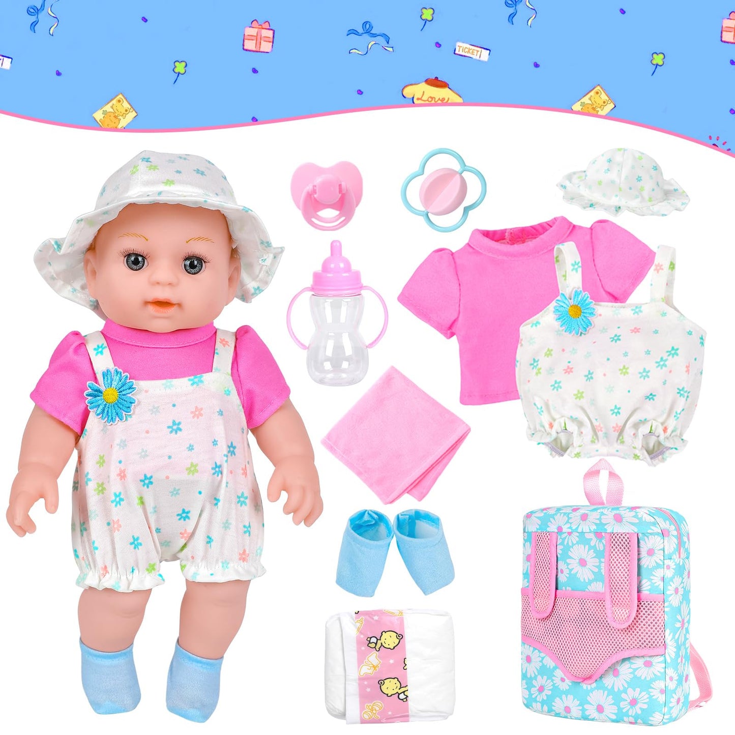 DOTVOSY 12-Inch Daisy Theme Baby Doll Backpack Carrier Playset | Toys for Toddlers 3+