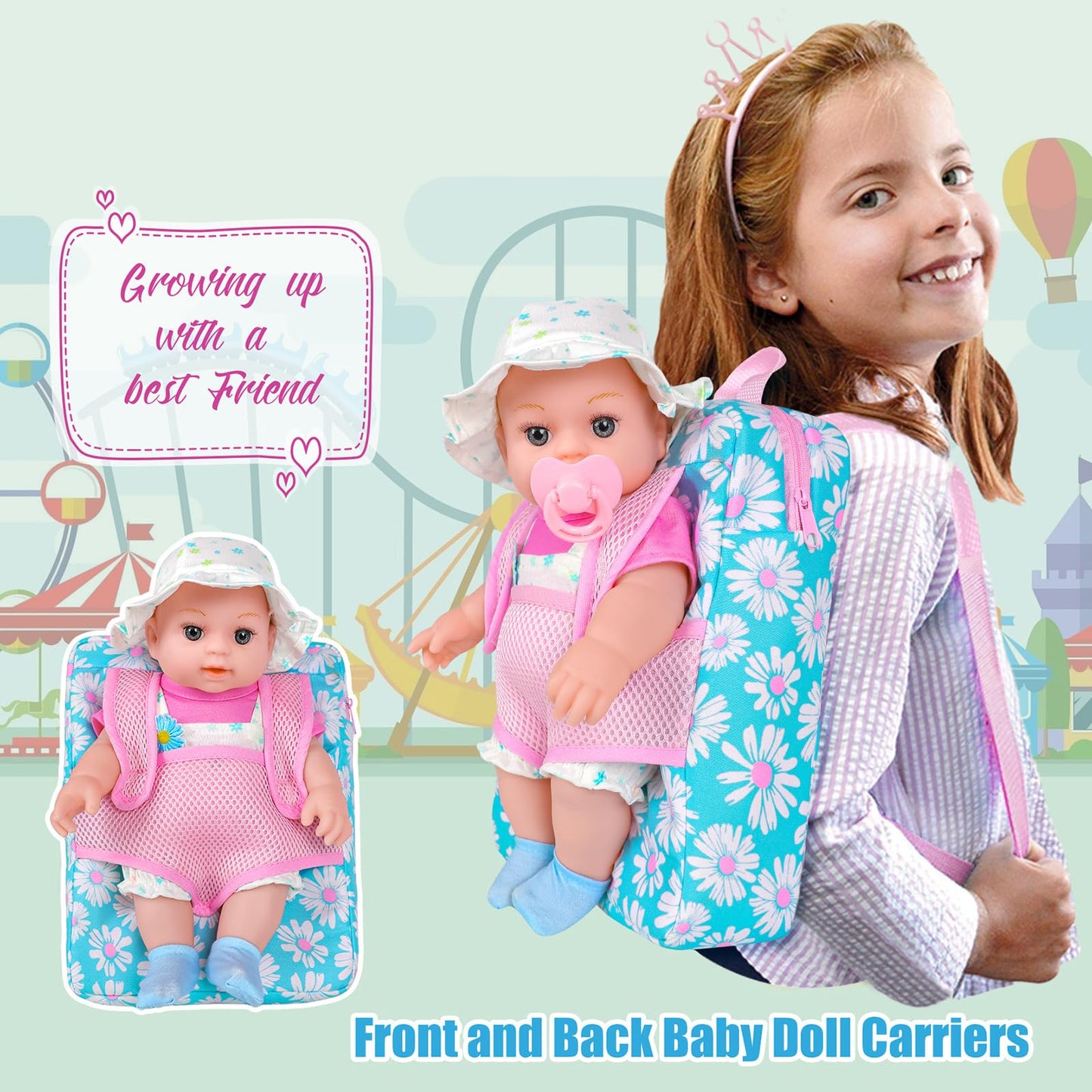 DOTVOSY 12-Inch Daisy Theme Baby Doll Backpack Carrier Playset | Toys for Toddlers 3+