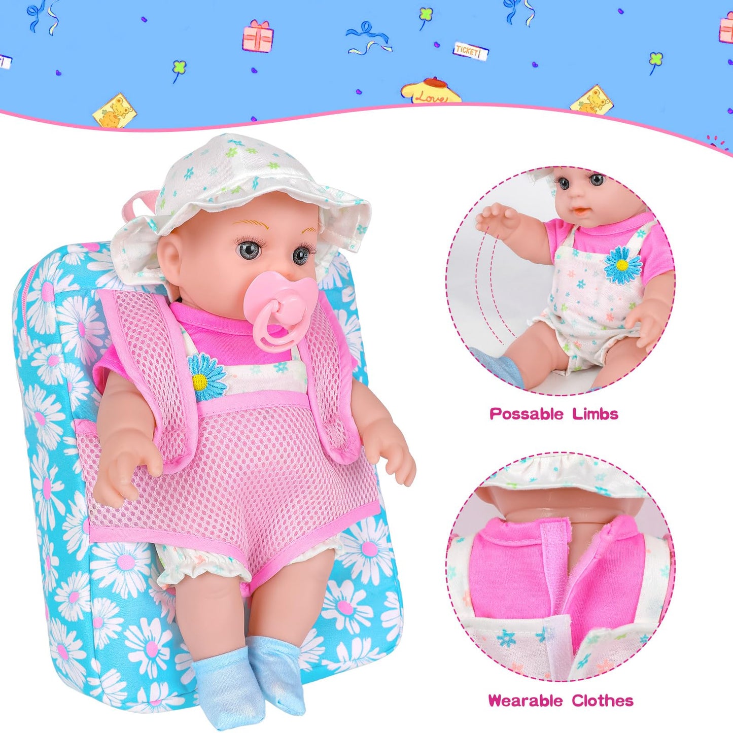 DOTVOSY 12-Inch Daisy Theme Baby Doll Backpack Carrier Playset | Toys for Toddlers 3+