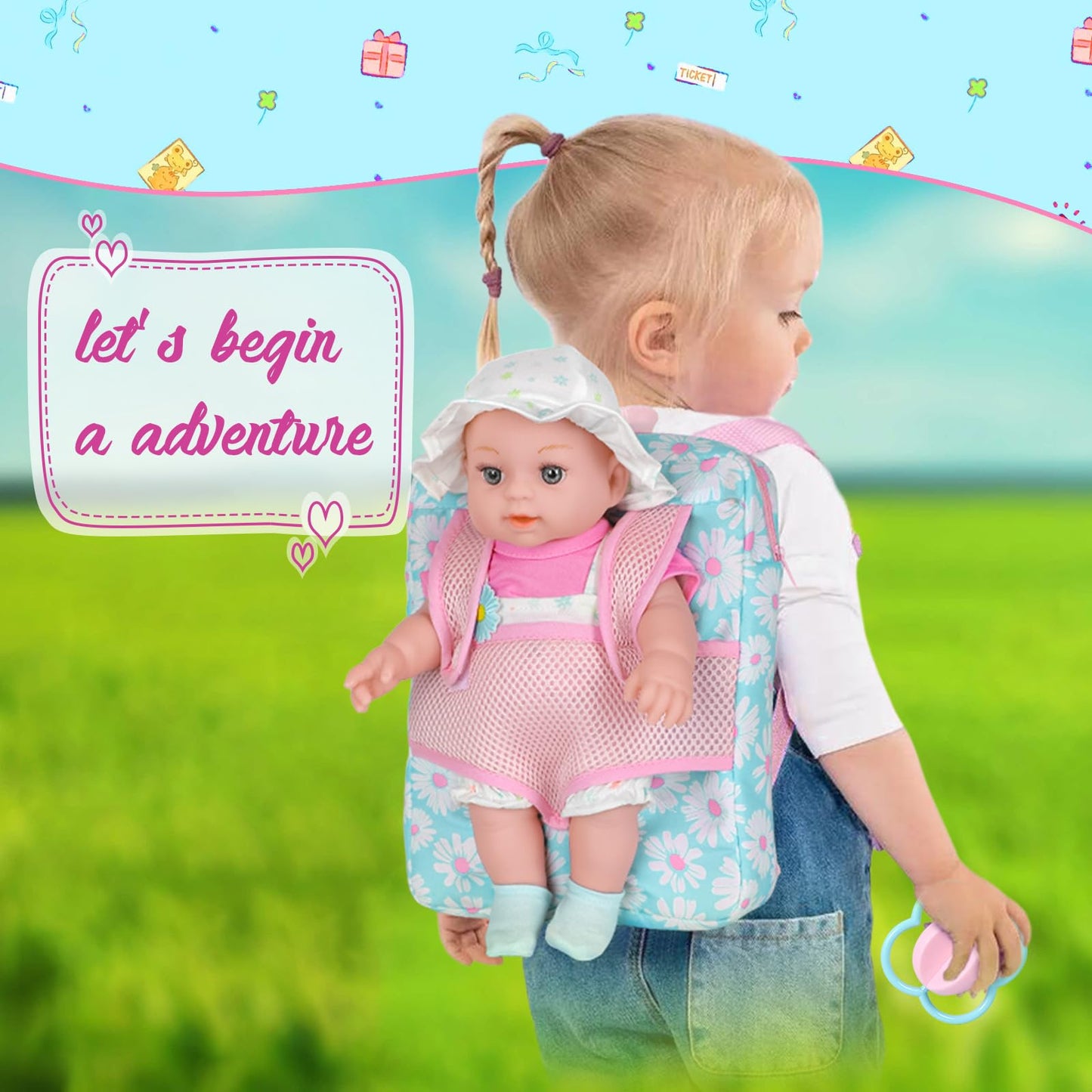 DOTVOSY 12-Inch Daisy Theme Baby Doll Backpack Carrier Playset | Toys for Toddlers 3+