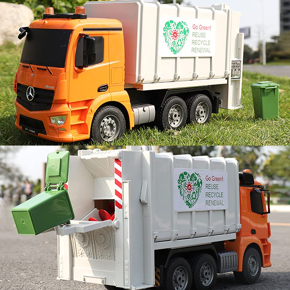 DOUBLE E Benz Licensed Remote Control Garbage Truck – 1/20 Scale with Real Lights, Rechargeable Battery