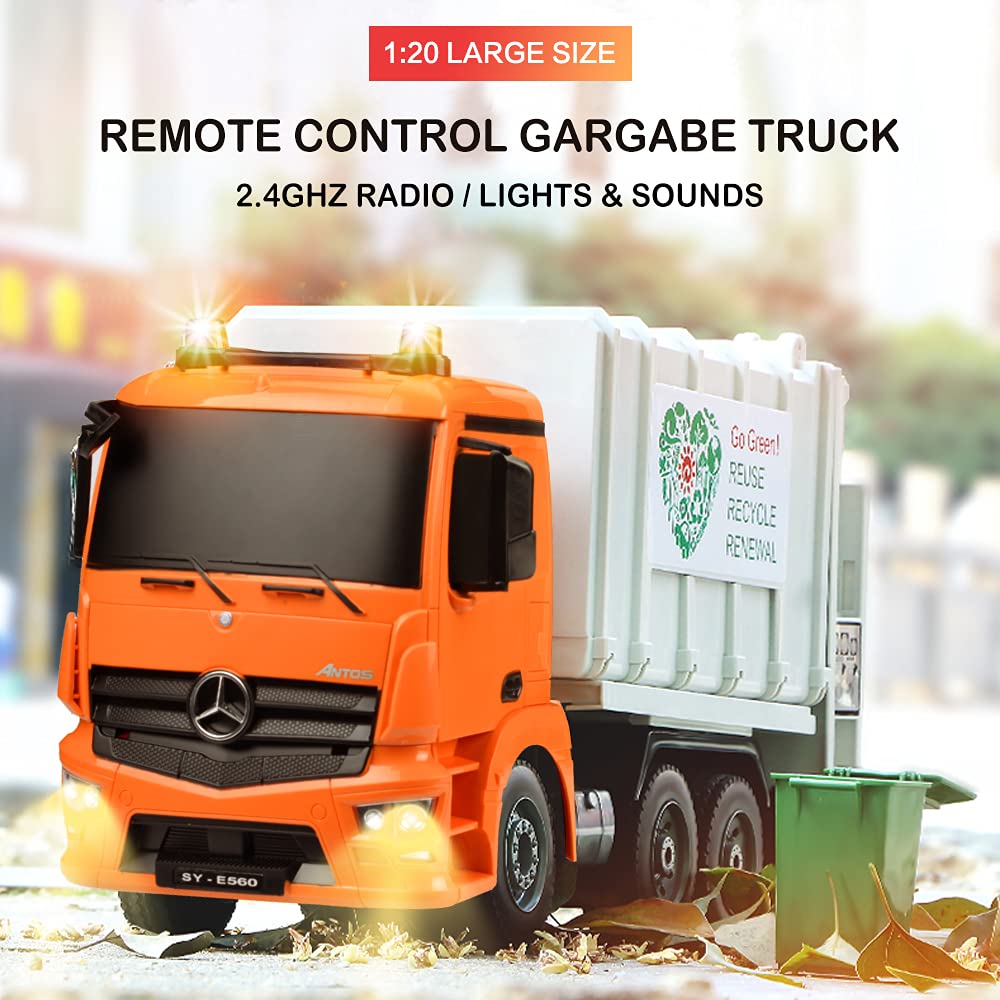 DOUBLE E Benz Licensed Remote Control Garbage Truck – 1/20 Scale with Real Lights, Rechargeable Battery