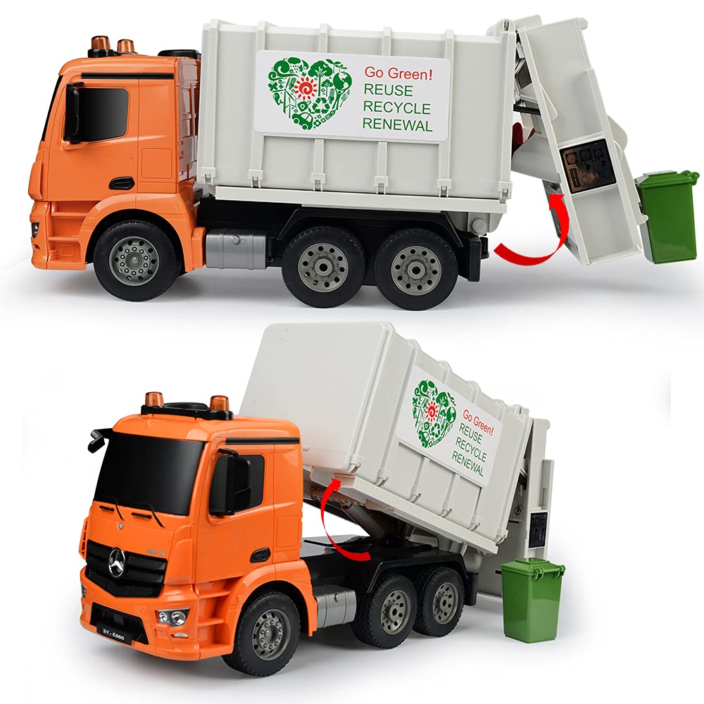 DOUBLE E Benz Licensed Remote Control Garbage Truck – 1/20 Scale with Real Lights, Rechargeable Battery