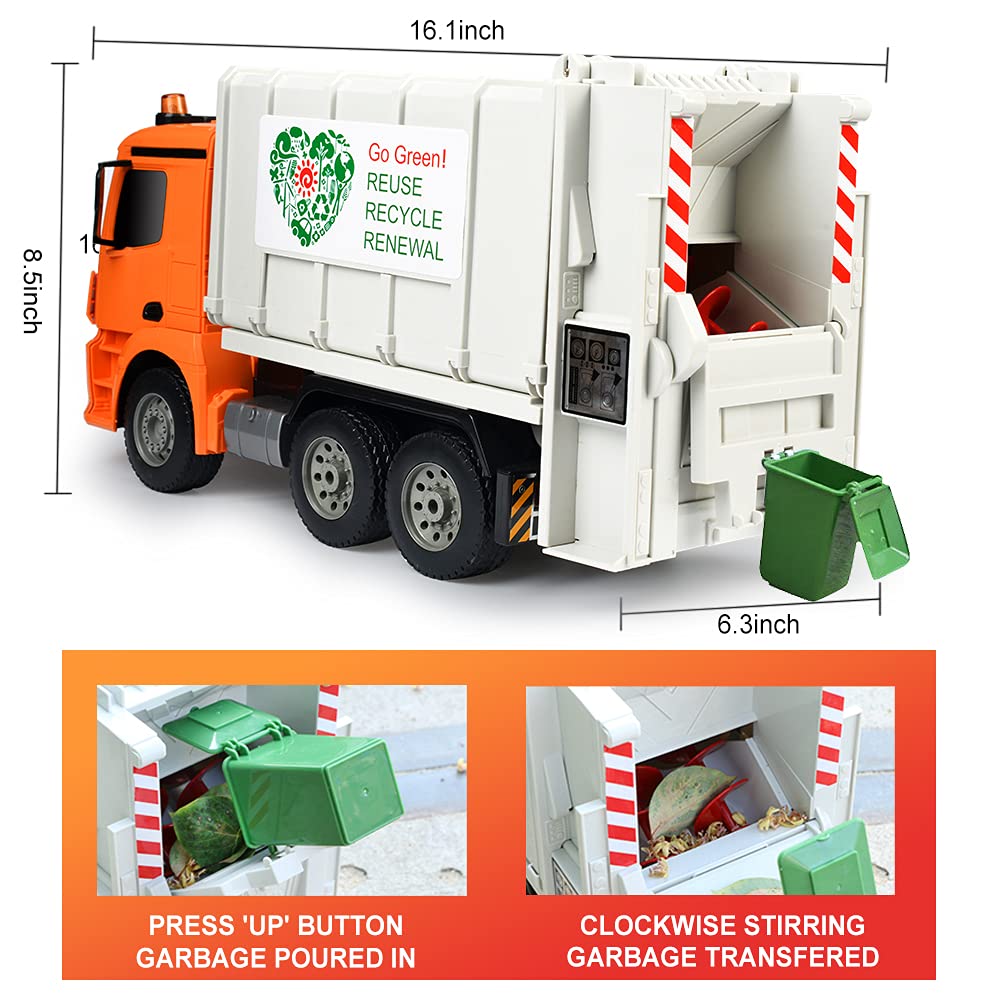 DOUBLE E Benz Licensed Remote Control Garbage Truck – 1/20 Scale with Real Lights, Rechargeable Battery