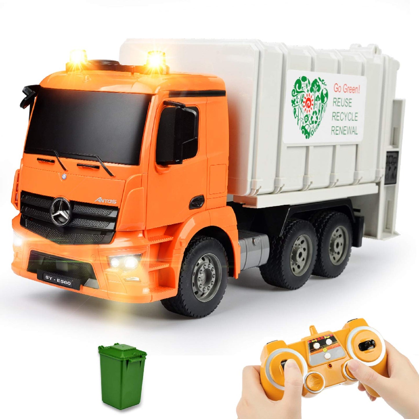 DOUBLE E Benz Licensed Remote Control Garbage Truck – 1/20 Scale with Real Lights, Rechargeable Battery