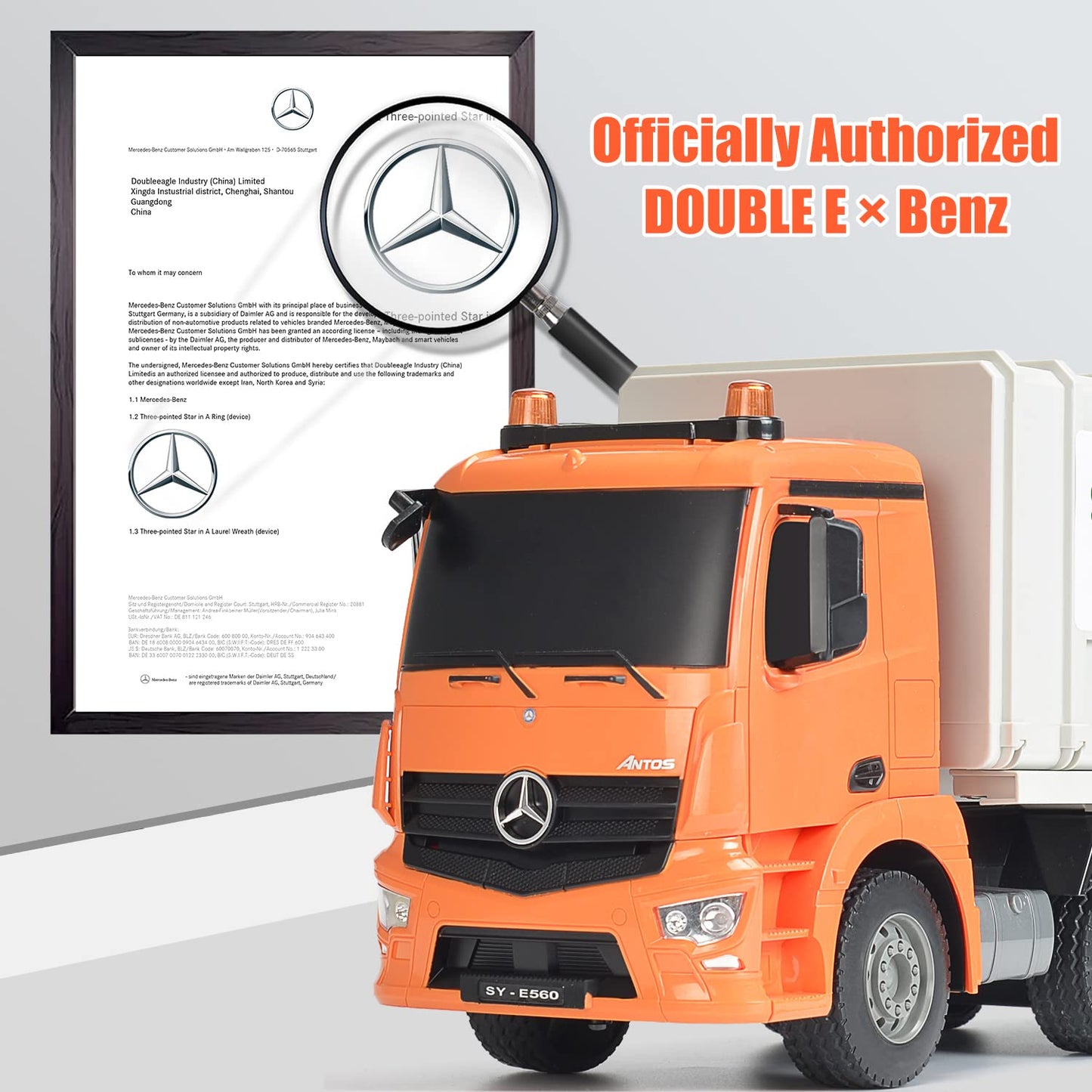 DOUBLE E Benz Licensed Remote Control Garbage Truck – 1/20 Scale with Real Lights, Rechargeable Battery