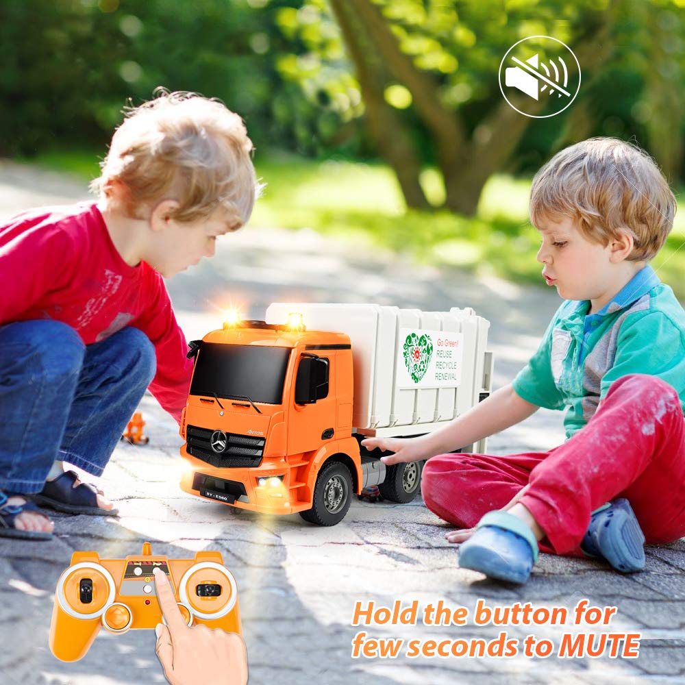 DOUBLE E Benz Licensed Remote Control Garbage Truck – 1/20 Scale with Real Lights, Rechargeable Battery