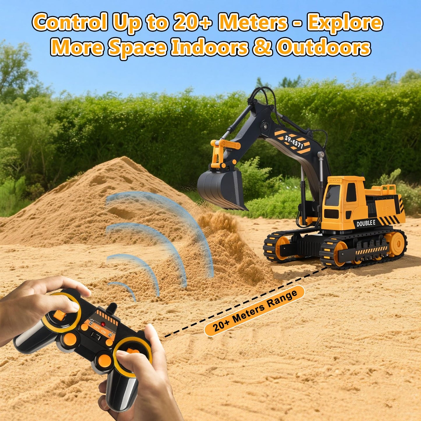DOUBLE E Remote Control Excavator Toy – 6-Function RC Digger for Indoor & Outdoor Play