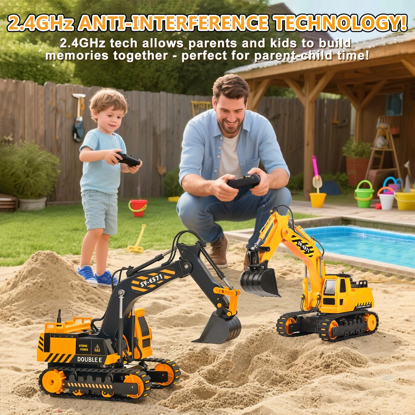 DOUBLE E Remote Control Excavator Toy – 6-Function RC Digger for Indoor & Outdoor Play