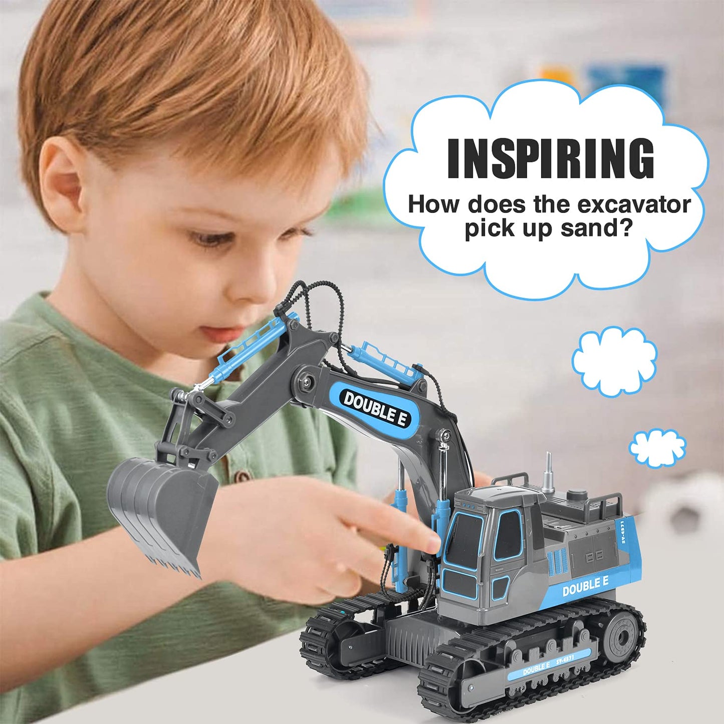 DOUBLE E Remote Control Excavator Toy – 2.4GHz RC Digger with 350° Cab Rotation, Ready-to-Run Pack