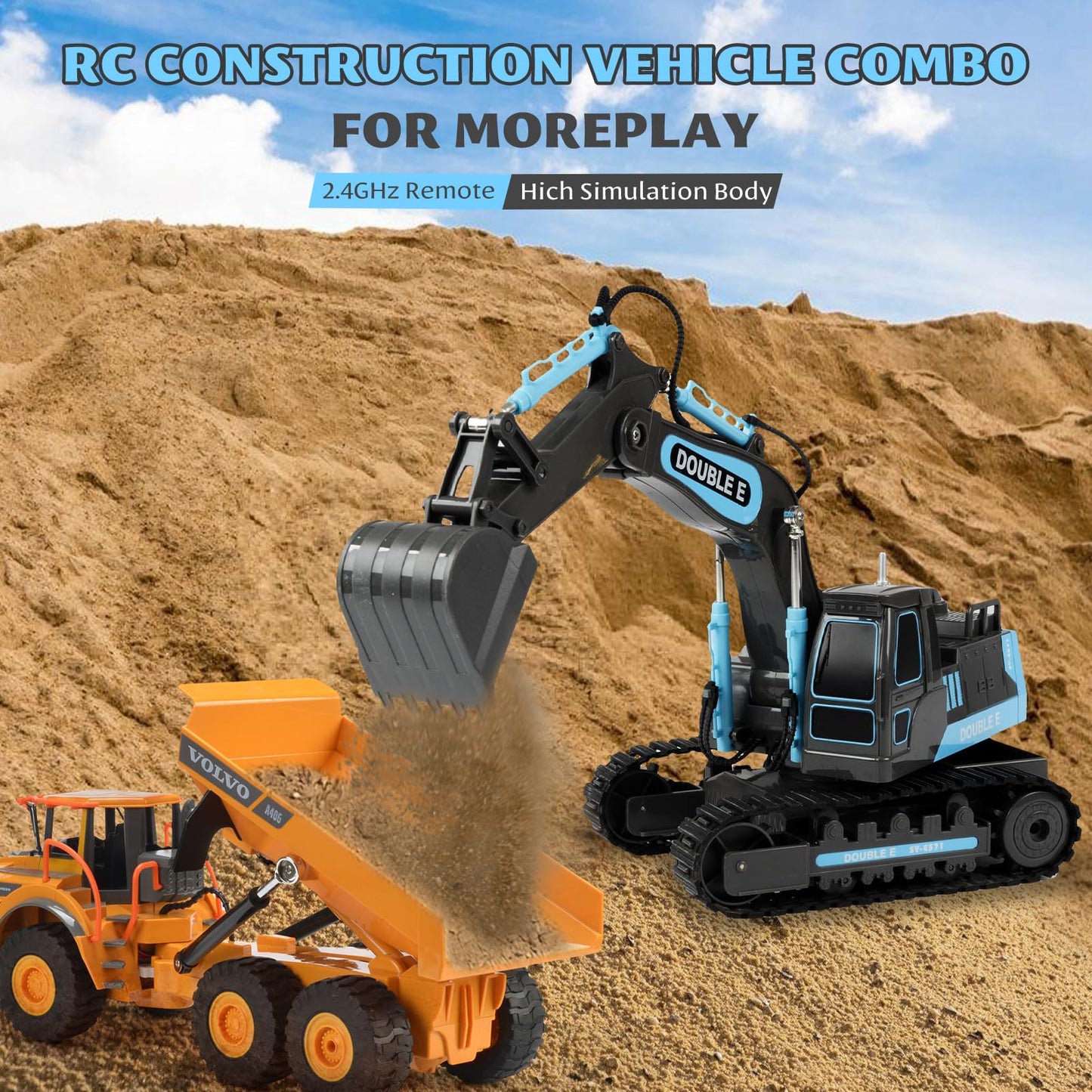 DOUBLE E Remote Control Excavator Toy – 2.4GHz RC Digger with 350° Cab Rotation, Ready-to-Run Pack