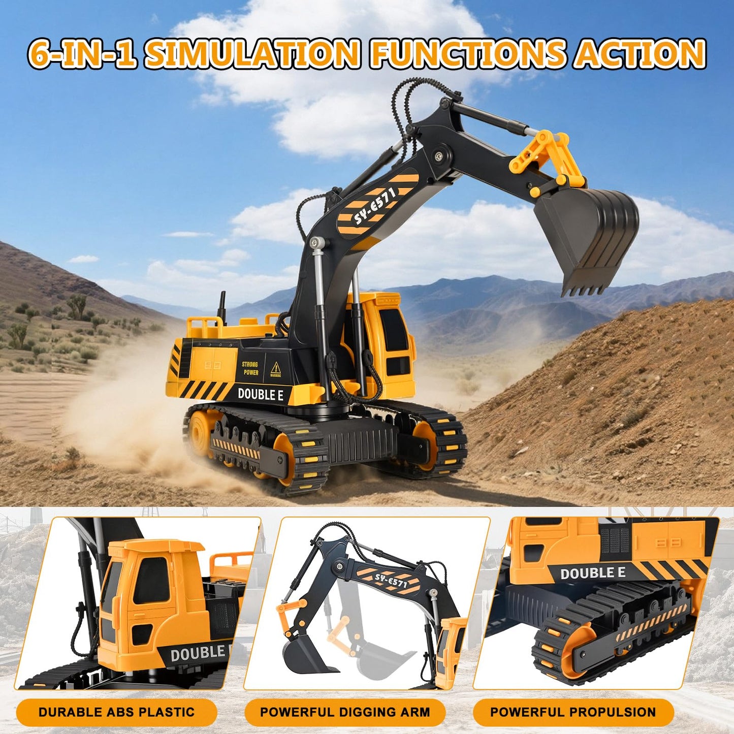 DOUBLE E Remote Control Excavator Toy – 6-Function RC Digger for Indoor & Outdoor Play