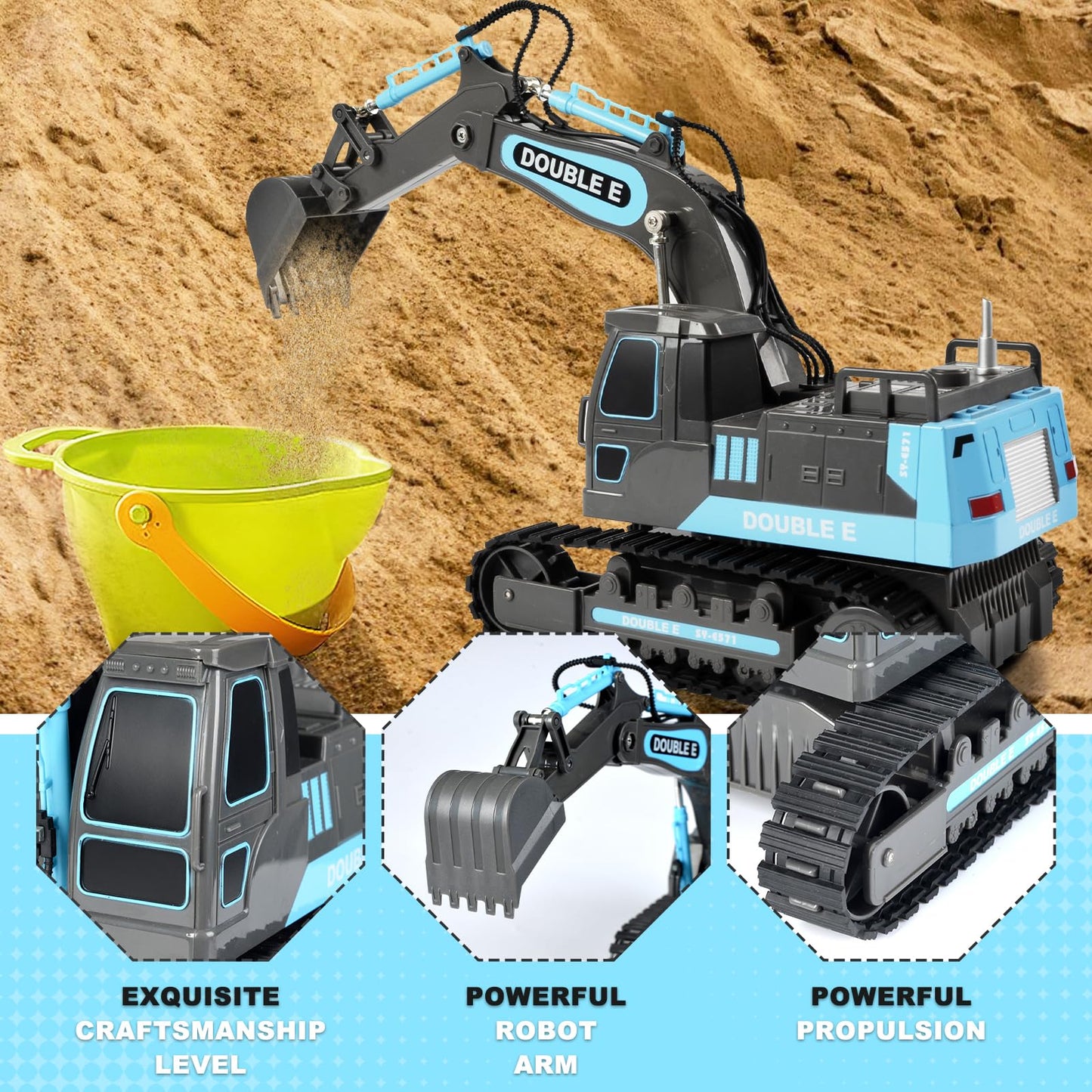 DOUBLE E Remote Control Excavator Toy – 2.4GHz RC Digger with 350° Cab Rotation, Ready-to-Run Pack