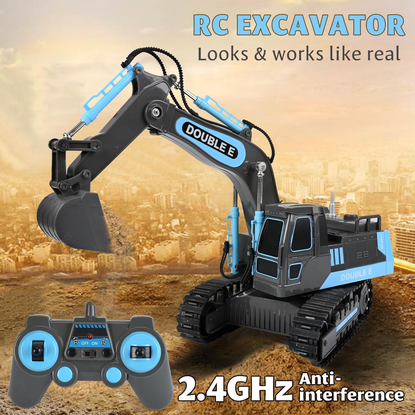DOUBLE E Remote Control Excavator Toy – 2.4GHz RC Digger with 350° Cab Rotation, Ready-to-Run Pack