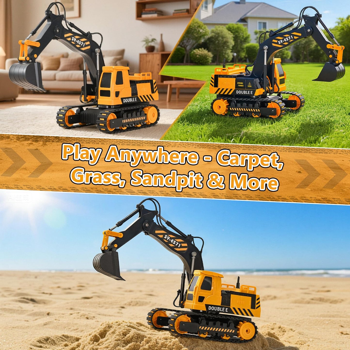 DOUBLE E Remote Control Excavator Toy – 6-Function RC Digger for Indoor & Outdoor Play