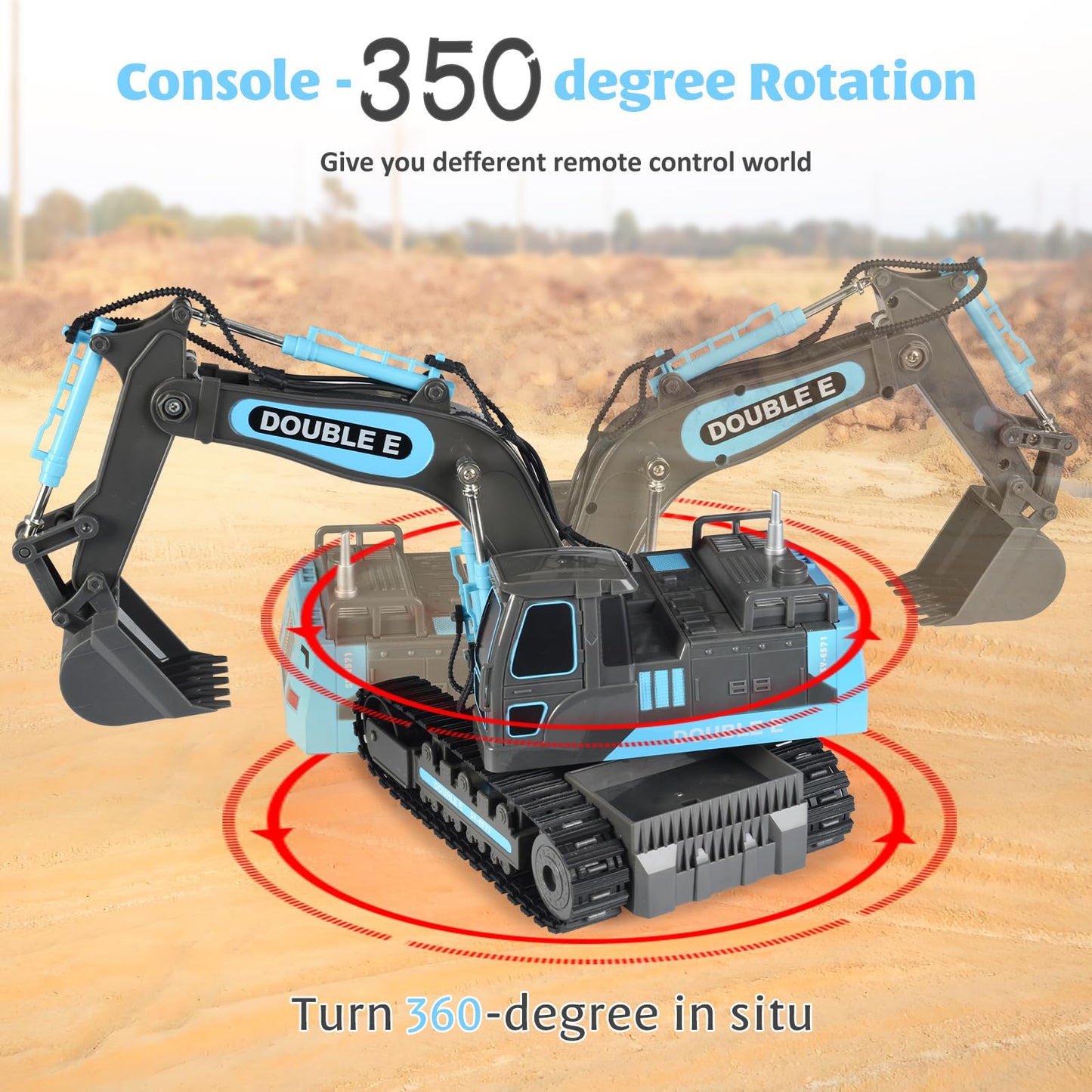 DOUBLE E Remote Control Excavator Toy – 2.4GHz RC Digger with 350° Cab Rotation, Ready-to-Run Pack