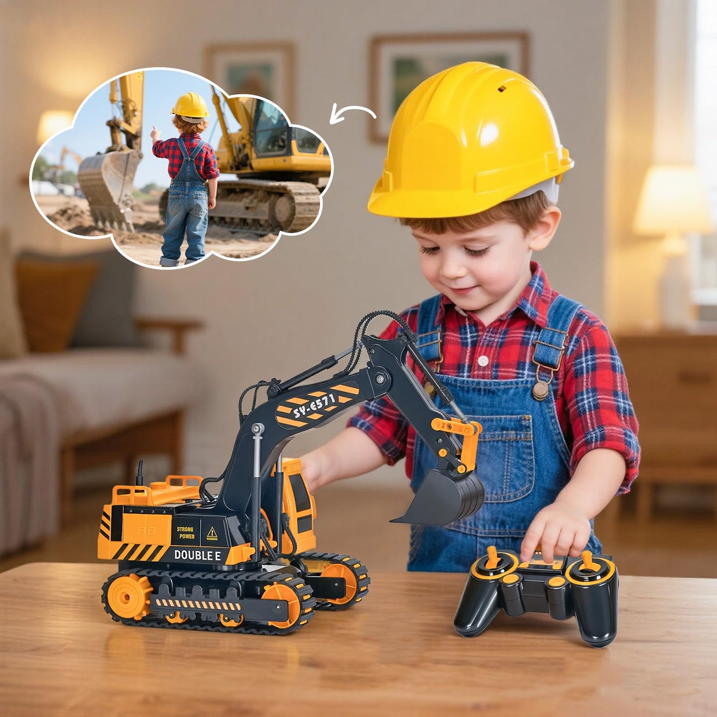 DOUBLE E Remote Control Excavator Toy – 6-Function RC Digger for Indoor & Outdoor Play
