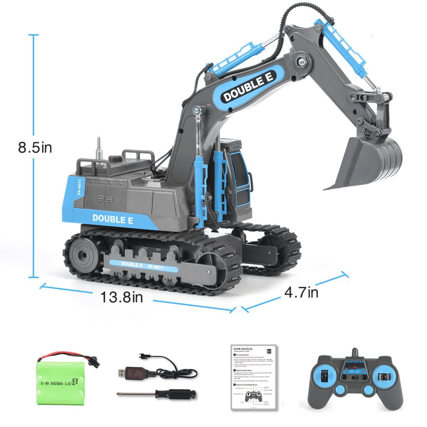 DOUBLE E Remote Control Excavator Toy – 2.4GHz RC Digger with 350° Cab Rotation, Ready-to-Run Pack