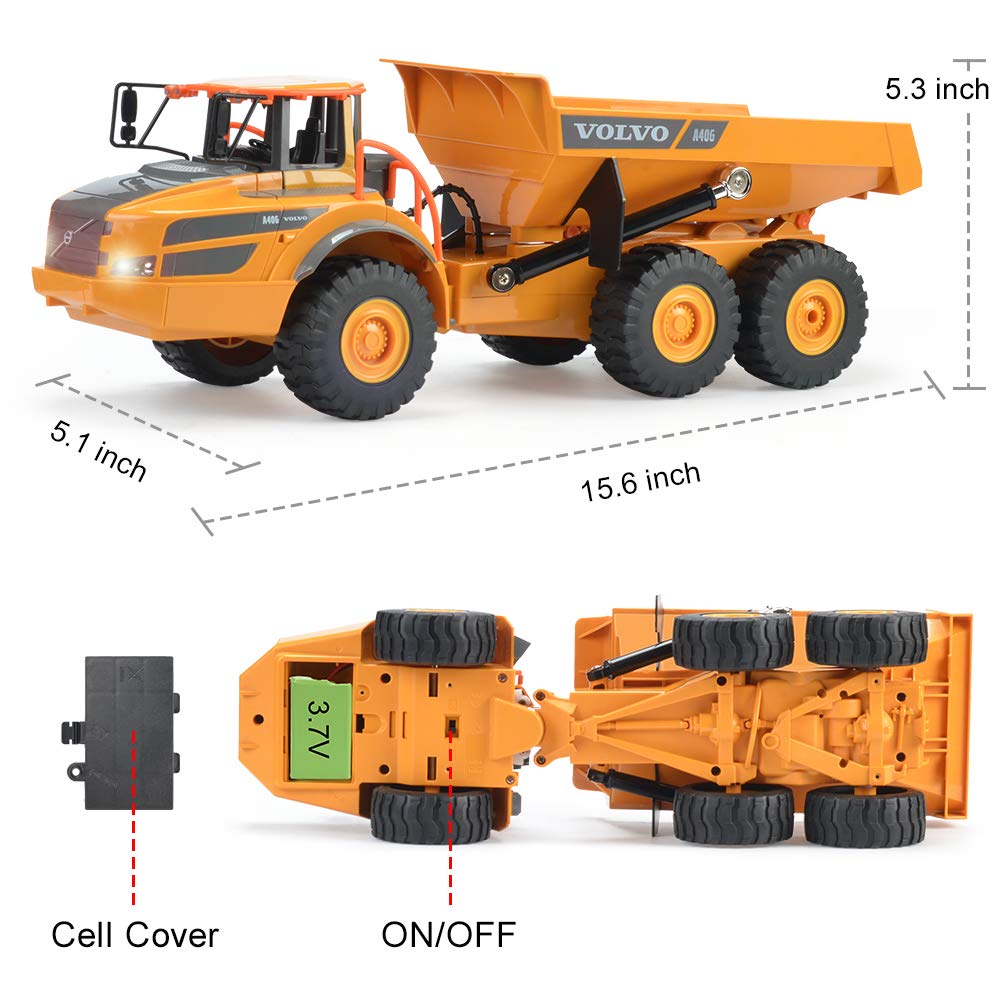 DOUBLE E Volvo RC Dump Truck Toy – Realistic Articulated Hauler with Lights for Kids 3+