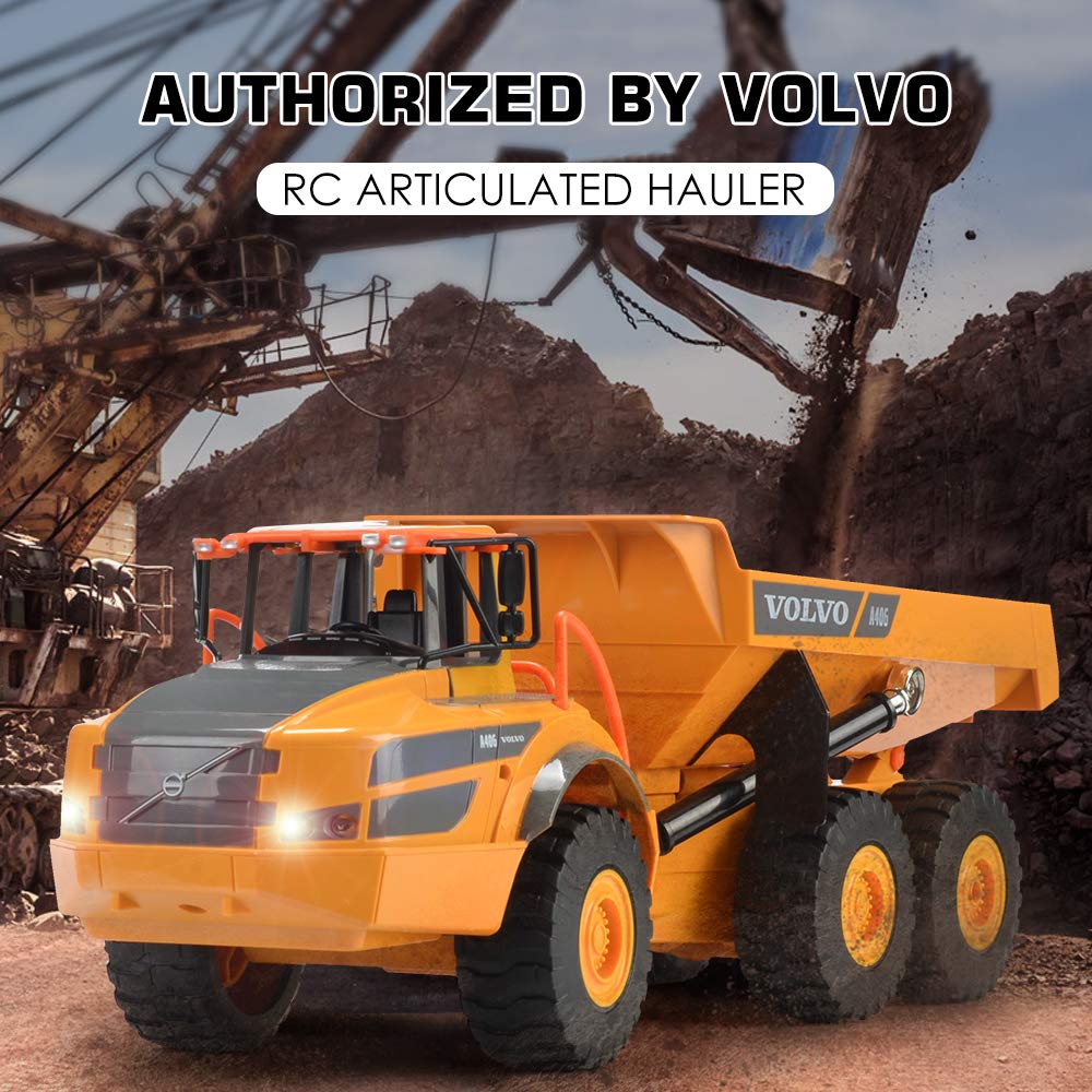 DOUBLE E Volvo RC Dump Truck Toy – Realistic Articulated Hauler with Lights for Kids 3+