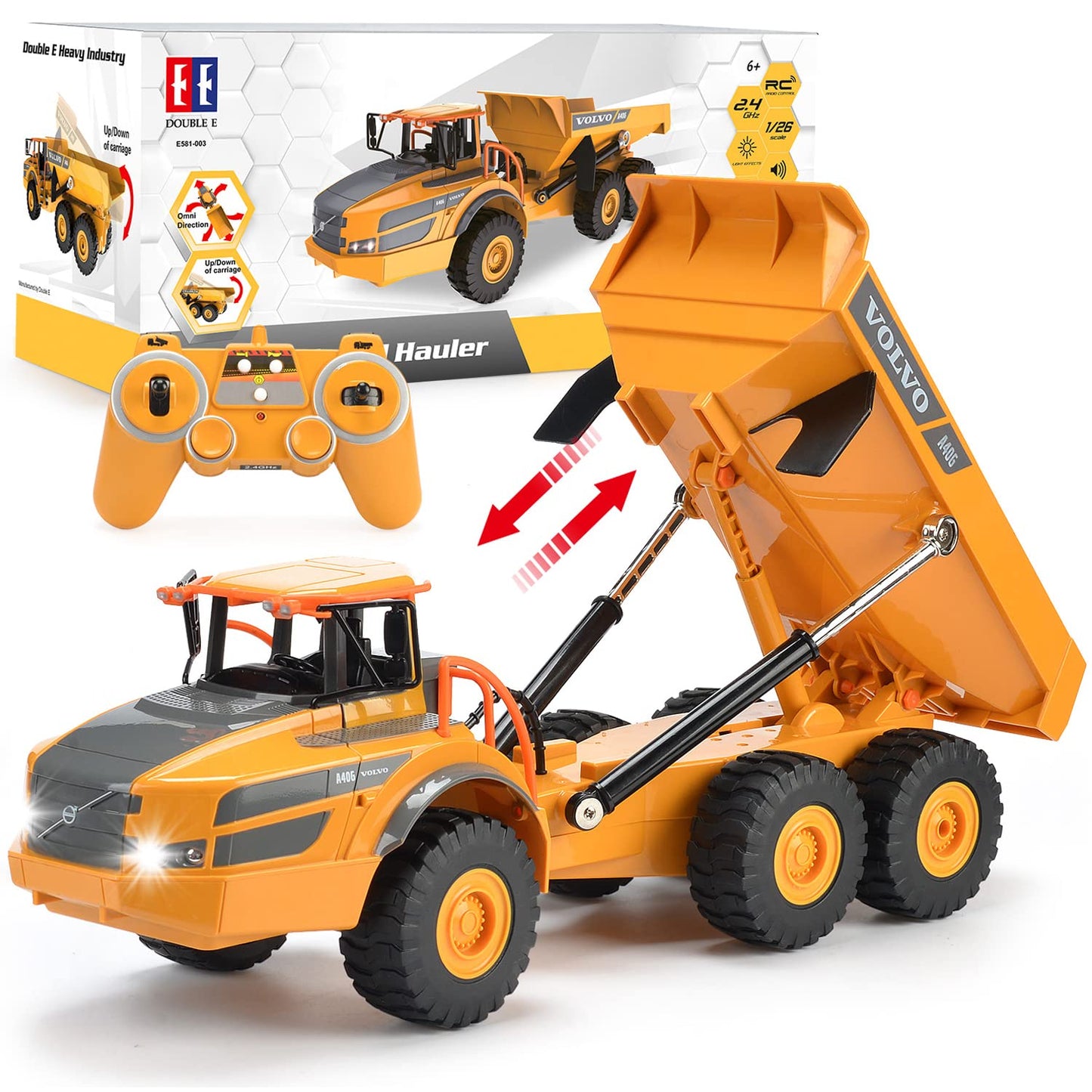 DOUBLE E Volvo RC Dump Truck Toy – Realistic Articulated Hauler with Lights for Kids 3+