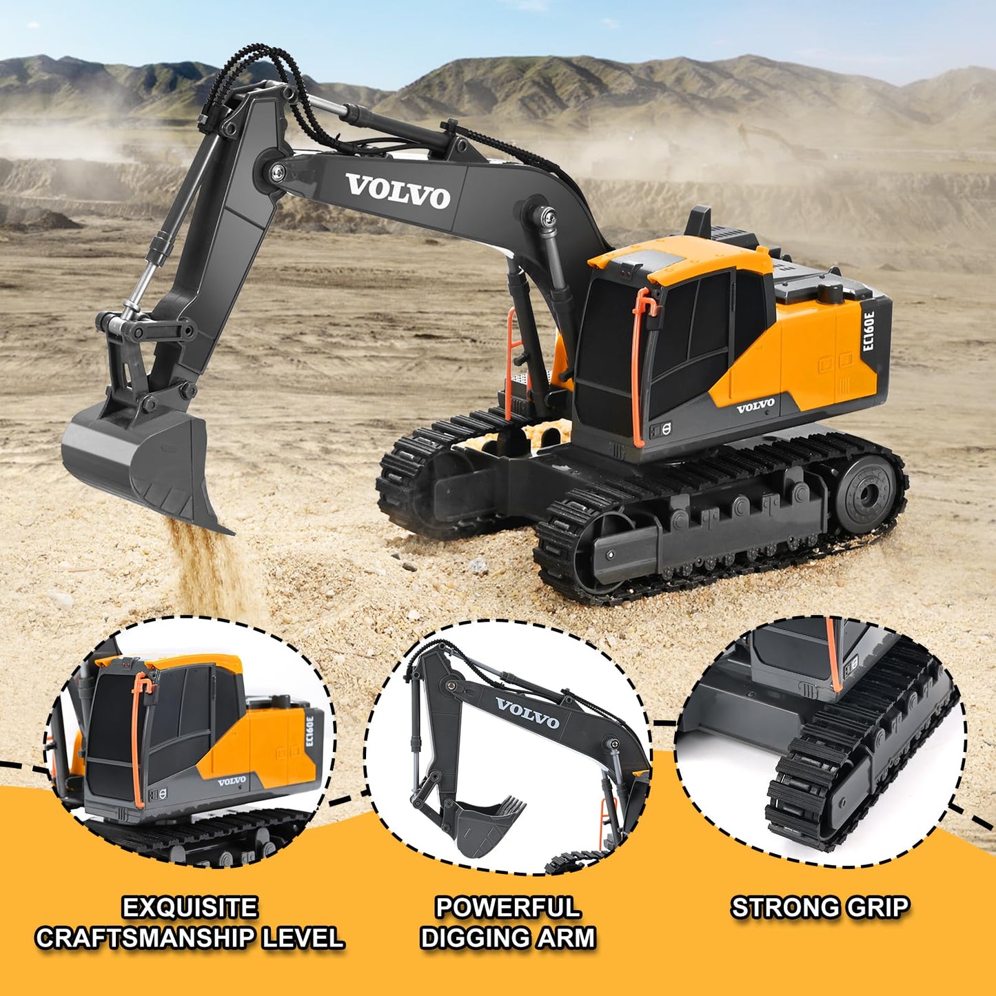 DOUBLE E Volvo RC Excavator – Realistic Diecast Construction Toy