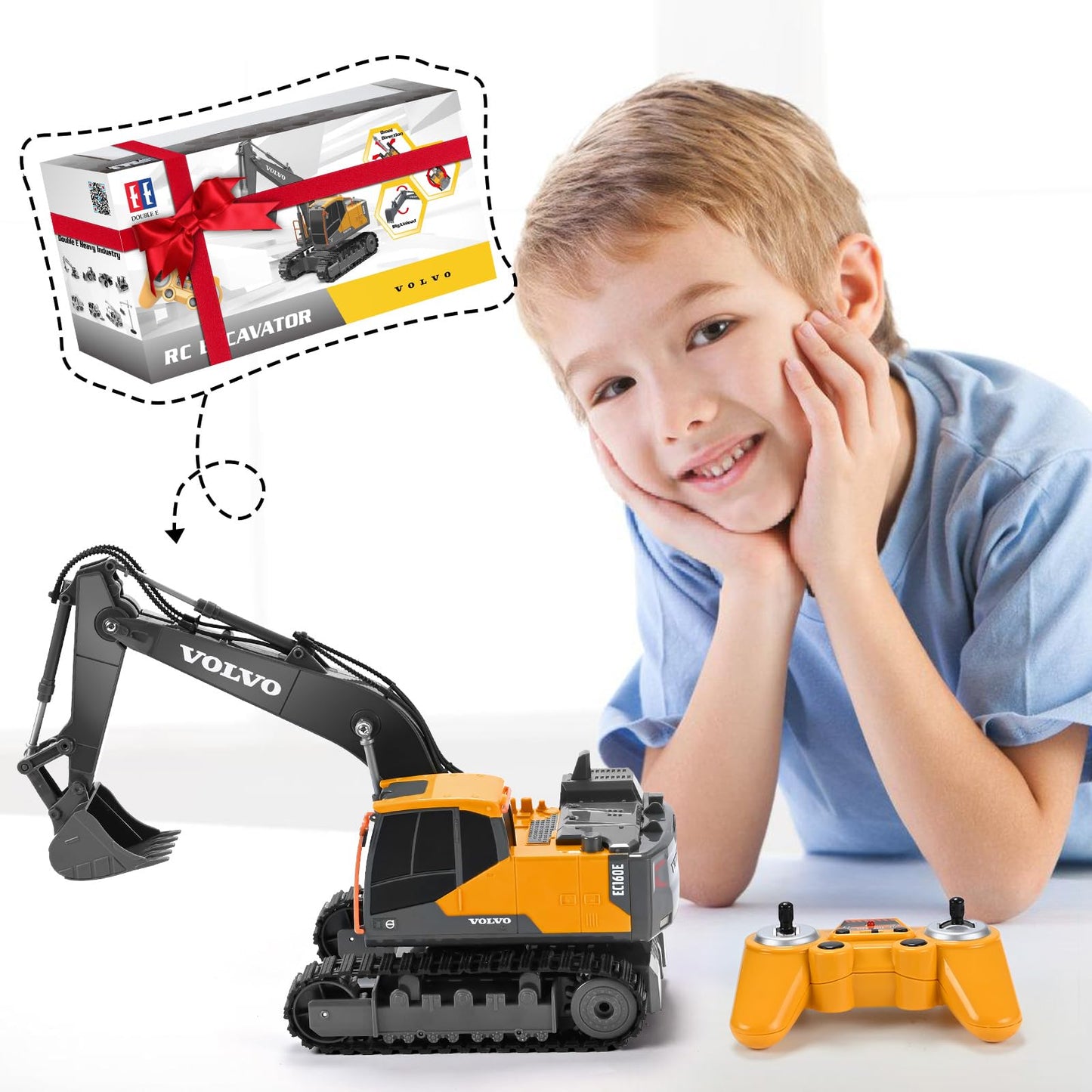 DOUBLE E Volvo RC Excavator – Realistic Diecast Construction Toy