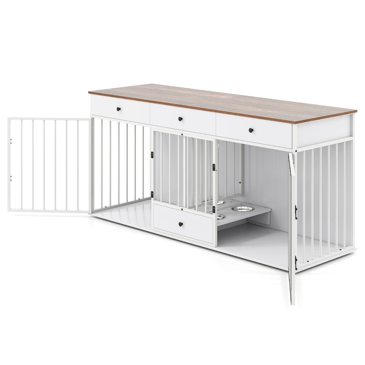 Double Dog Crate Furniture Dog Kennel with Pull-out Feeder and 3 Drawers-Black