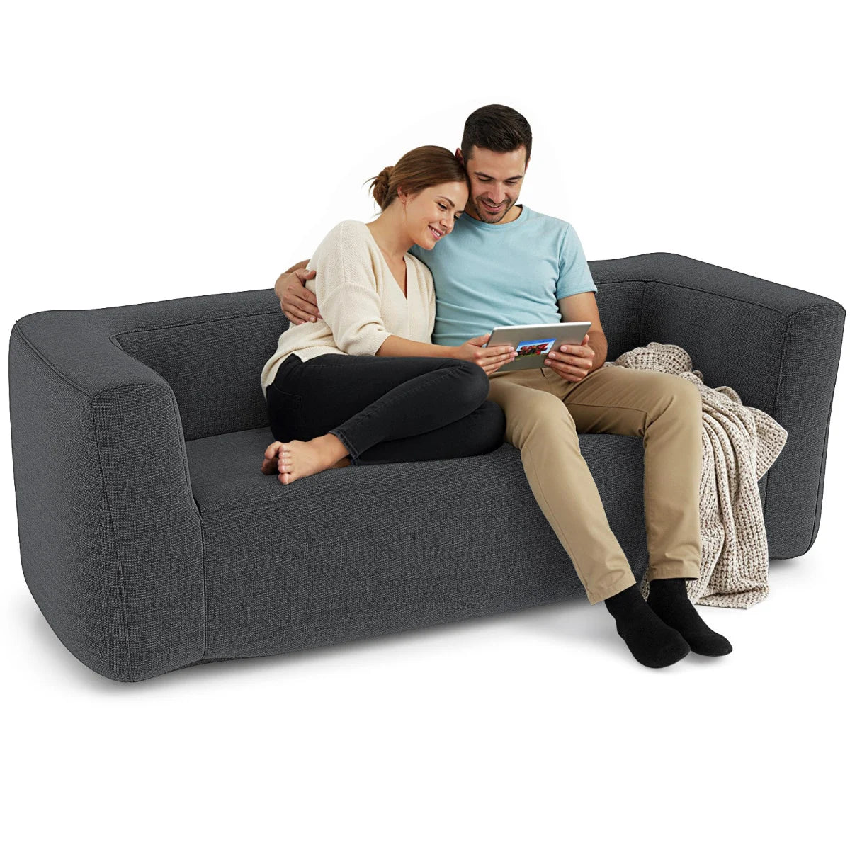 Double Inflatable Couch Portable Blow Up Sofa with Detachable Cover-Blue