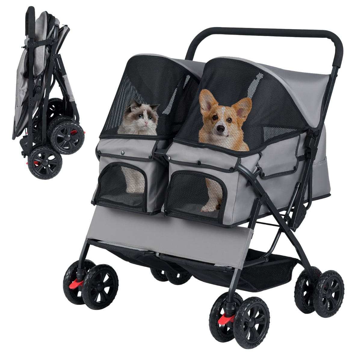 Double Pet Stroller Foldable Twin Dog Walk Jogger with 2-seater Carrier-Black