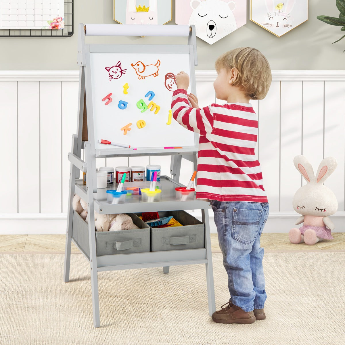 Double-sided Kids Easel with Magnetic Whiteboard and Chalkboard-Dark Green
