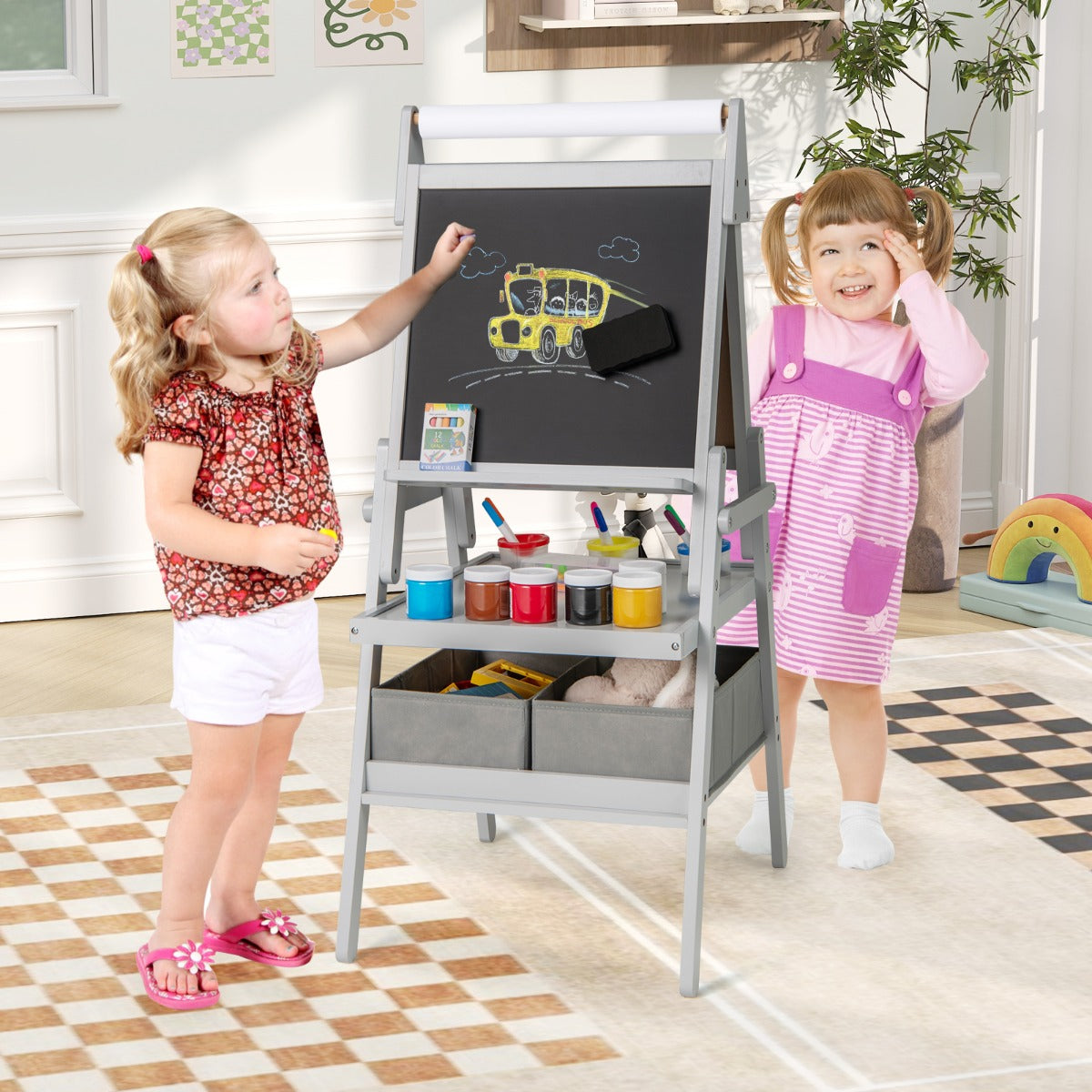 Double-sided Kids Easel with Magnetic Whiteboard and Chalkboard-Dark Green