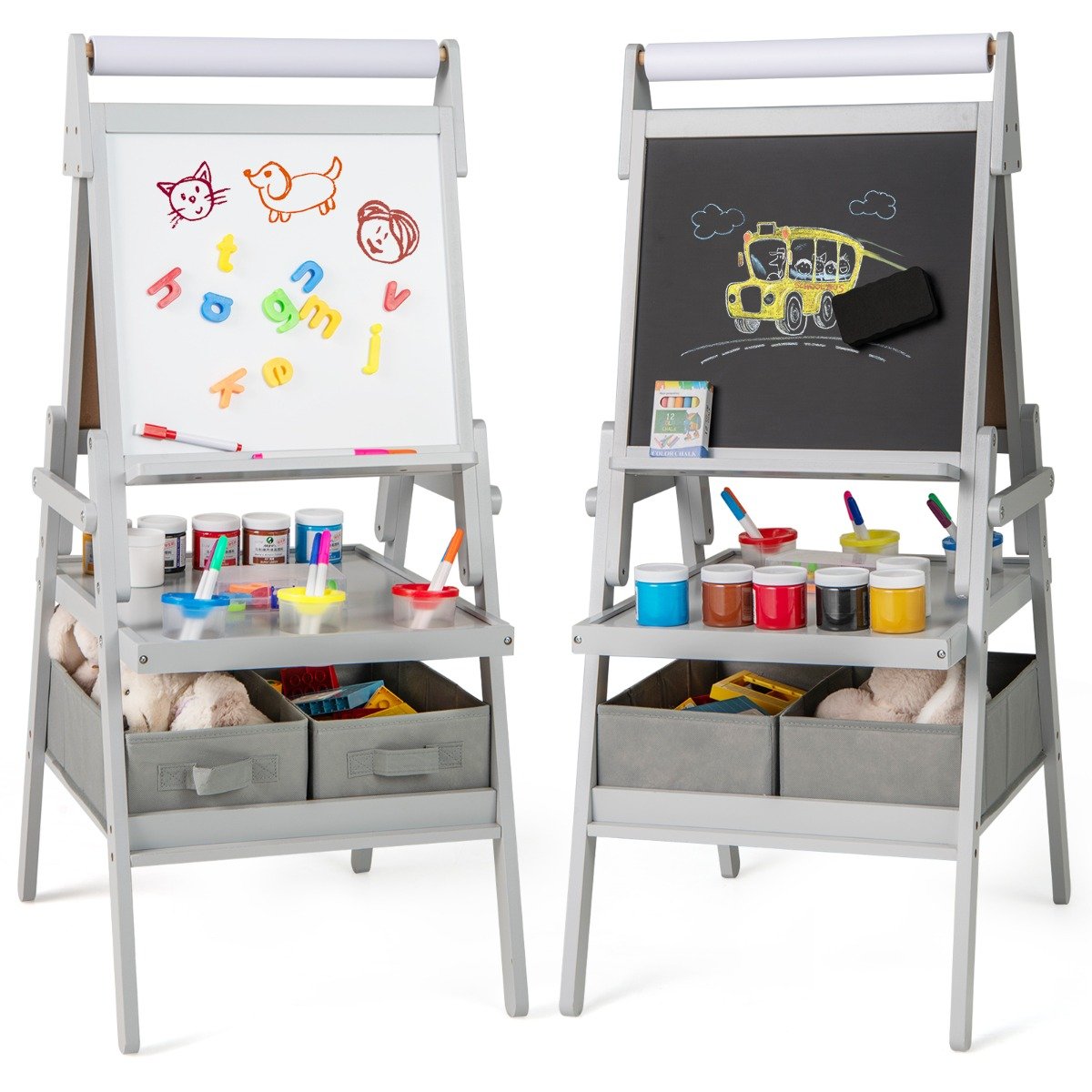 Double-sided Kids Easel with Magnetic Whiteboard and Chalkboard-Dark Green