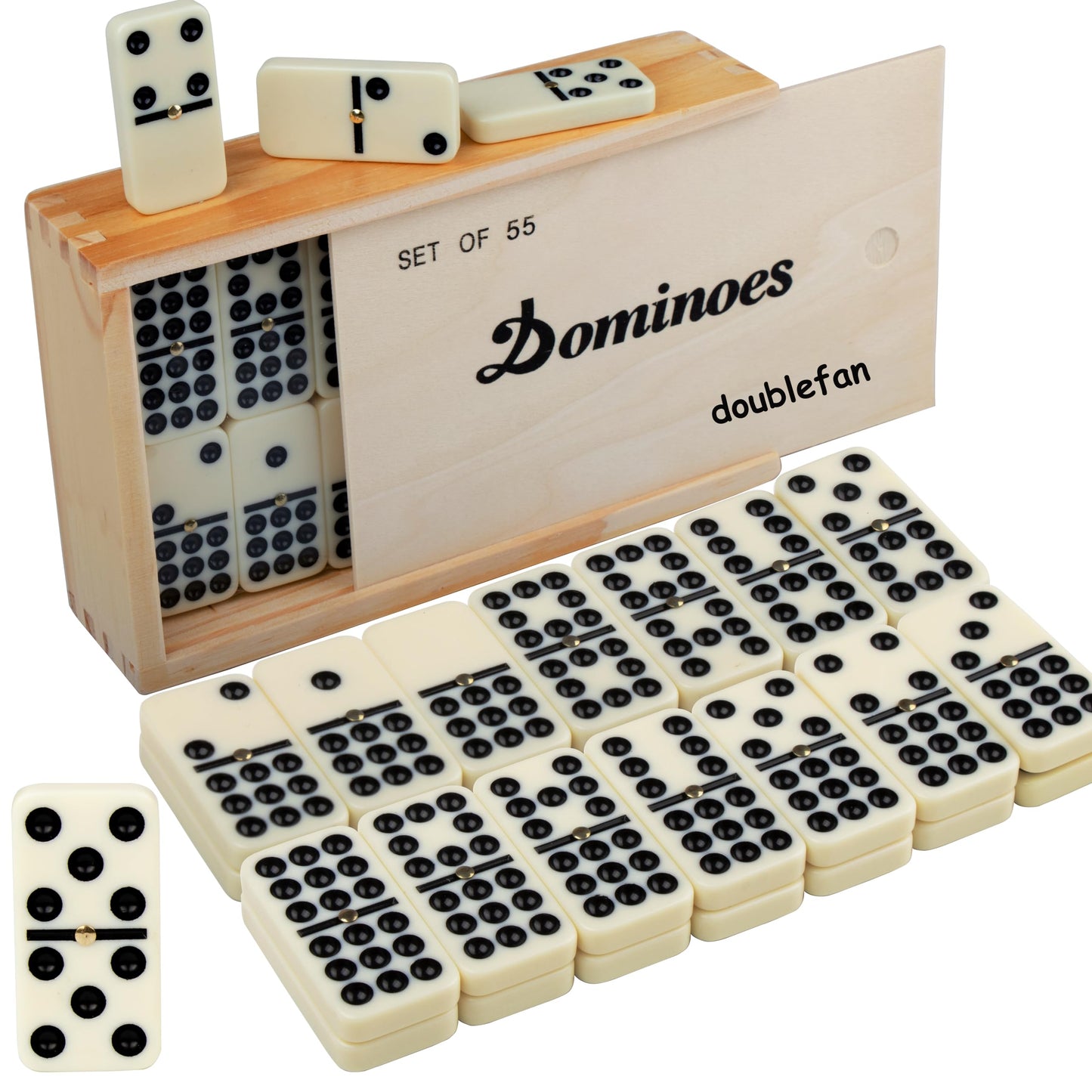 Doublefan Domino Set - Double Nine, 55 Tiles in Wooden Case | Family & Kids