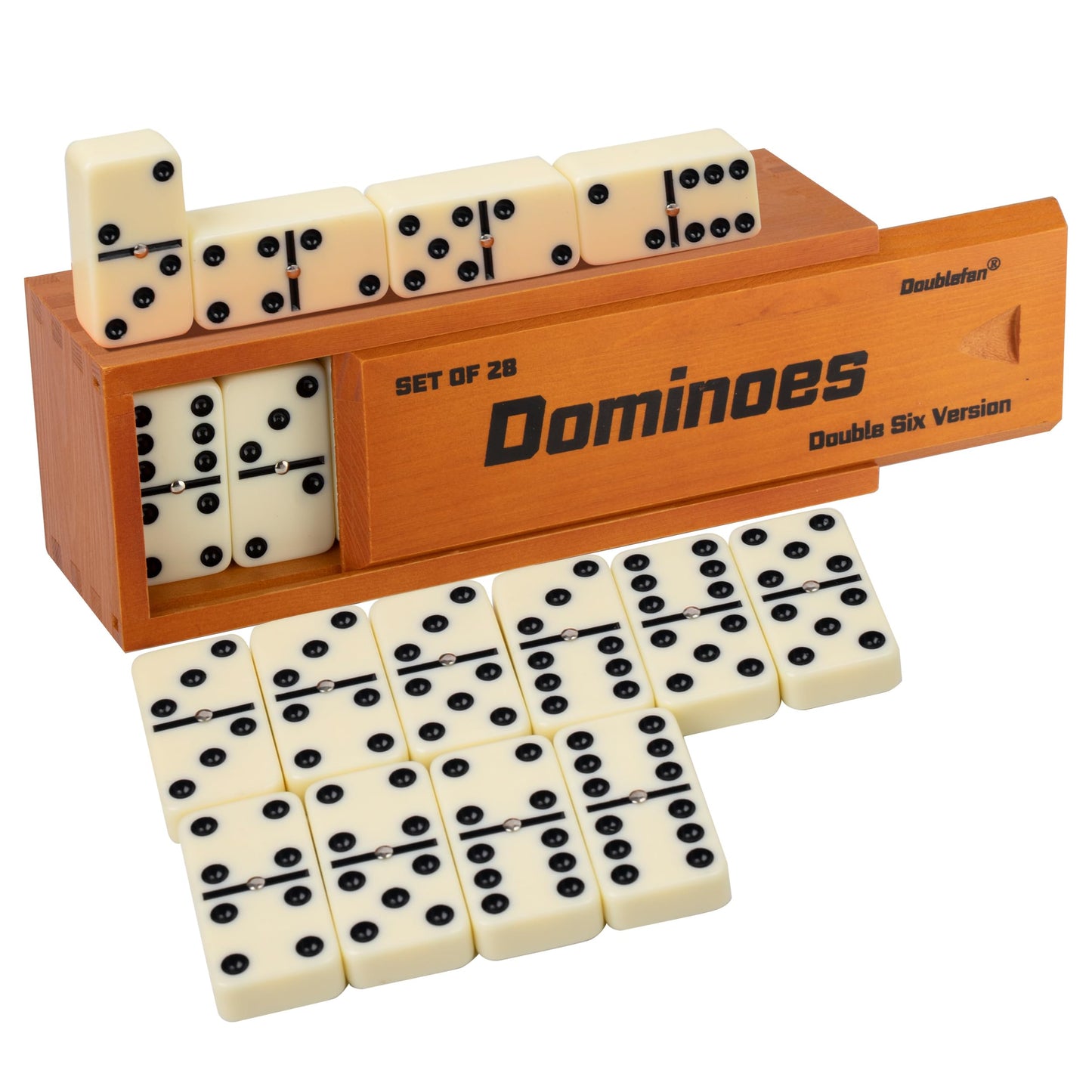Doublefan Jumbo Double Six Domino Set with Spinner — 28 Tiles in Brown Wooden Box